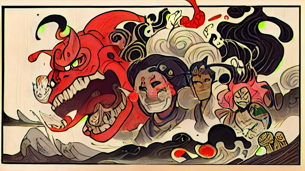 best quality, style of Hokusai, ukiyo-e, Hyakki Yagyō, japanese old monster's parade