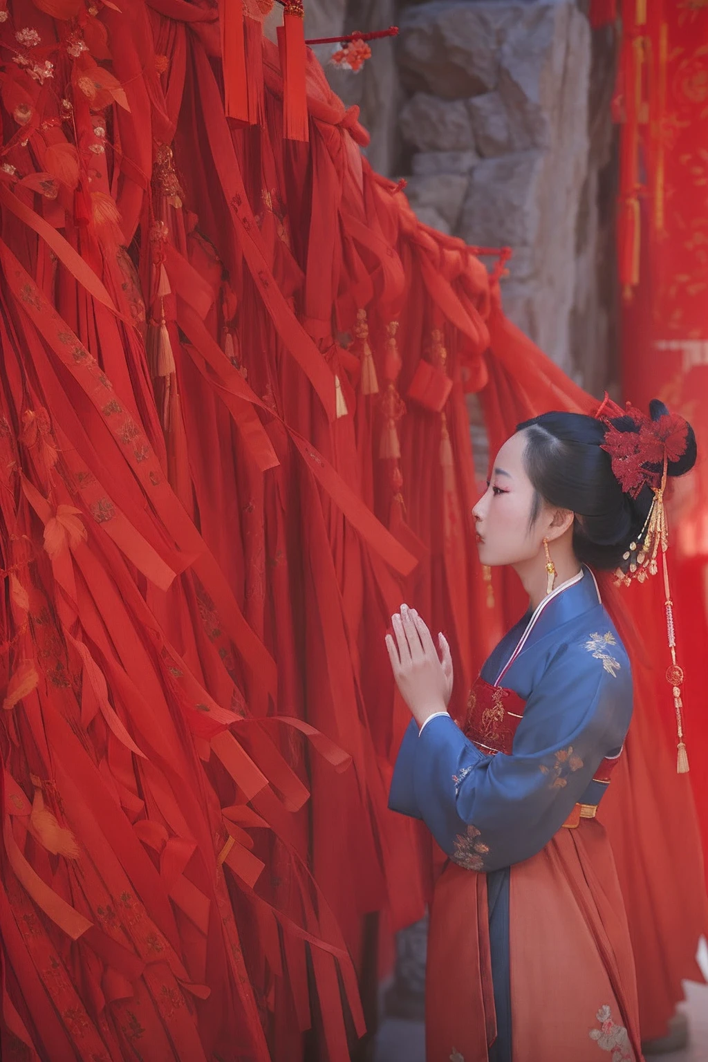 Araki women in traditional dress stand in front of a red ribbon wall, Palace ， A girl in Hanfu, Hanfu, Wearing ancient Chinese clothes, with acient chinese clothes, chinese ribbon dance, Traditional Chinese clothing, red cloth around his shoulders, Chinese woman, Wearing a red cheongsam, inspired by Lü Ji, cinematic Film still from