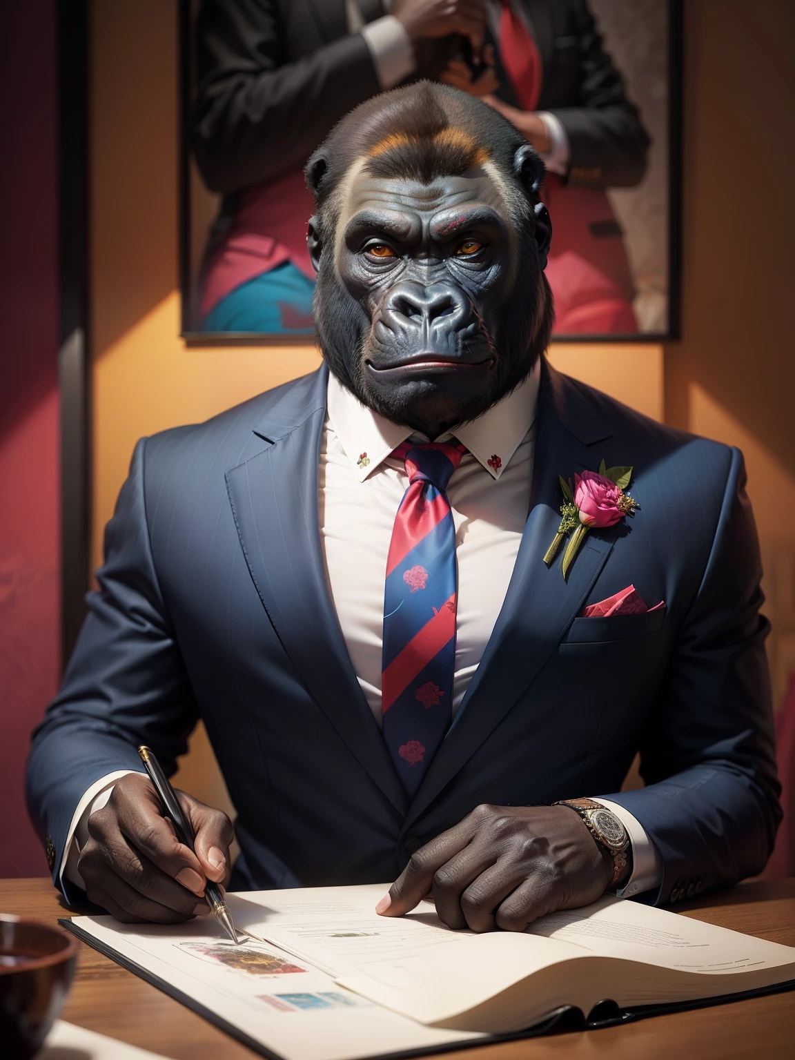 A gorilla in a colorful suit with a printed tie, Sam spratt style, precision art, money theme, depicting nobility, saturated colors, oil on canvas, no cigar, no wine glass