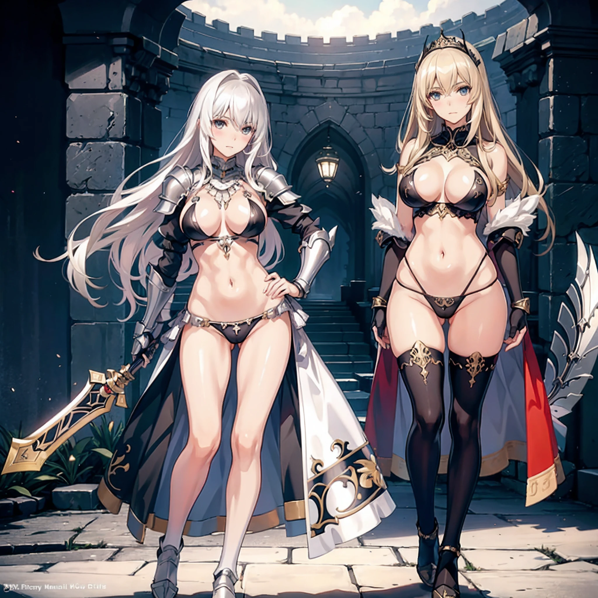 (milf), (((mature female,adult female))),masterpiece, Top  Quality, ultra-definition, max resolution, A highly detailed, clean skin, extremely sexy,large breasts,blush,high legs,thong,armor girl, bikini armor female knight, Bikini Armor, bikini-armor, bikini-armor, ornate bikini armor, Female knight, Gorgeous Female Paladin,Beautiful armor,cleavage,over-knee sock,in palace,