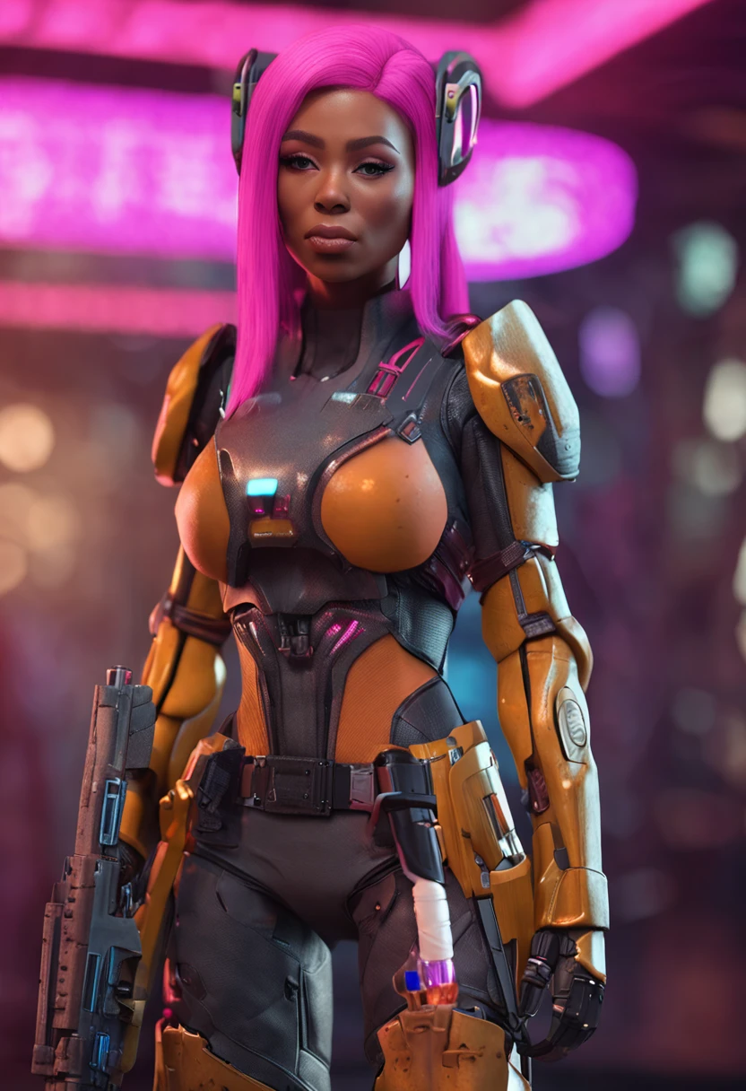 arafed image of nicki minaj with a gun in a sci - fi environment, a screenshot by Arthur Pan, cgsociety contest winner, afrofuturism, doom slayer from doom eternal, fantasy style 8 k octane render, starcraft 2 videogame character, cybernetic fire armor, 3 d render character art 8 k, clothed in sci-fi military armor, pink hair, insanely inflated ass