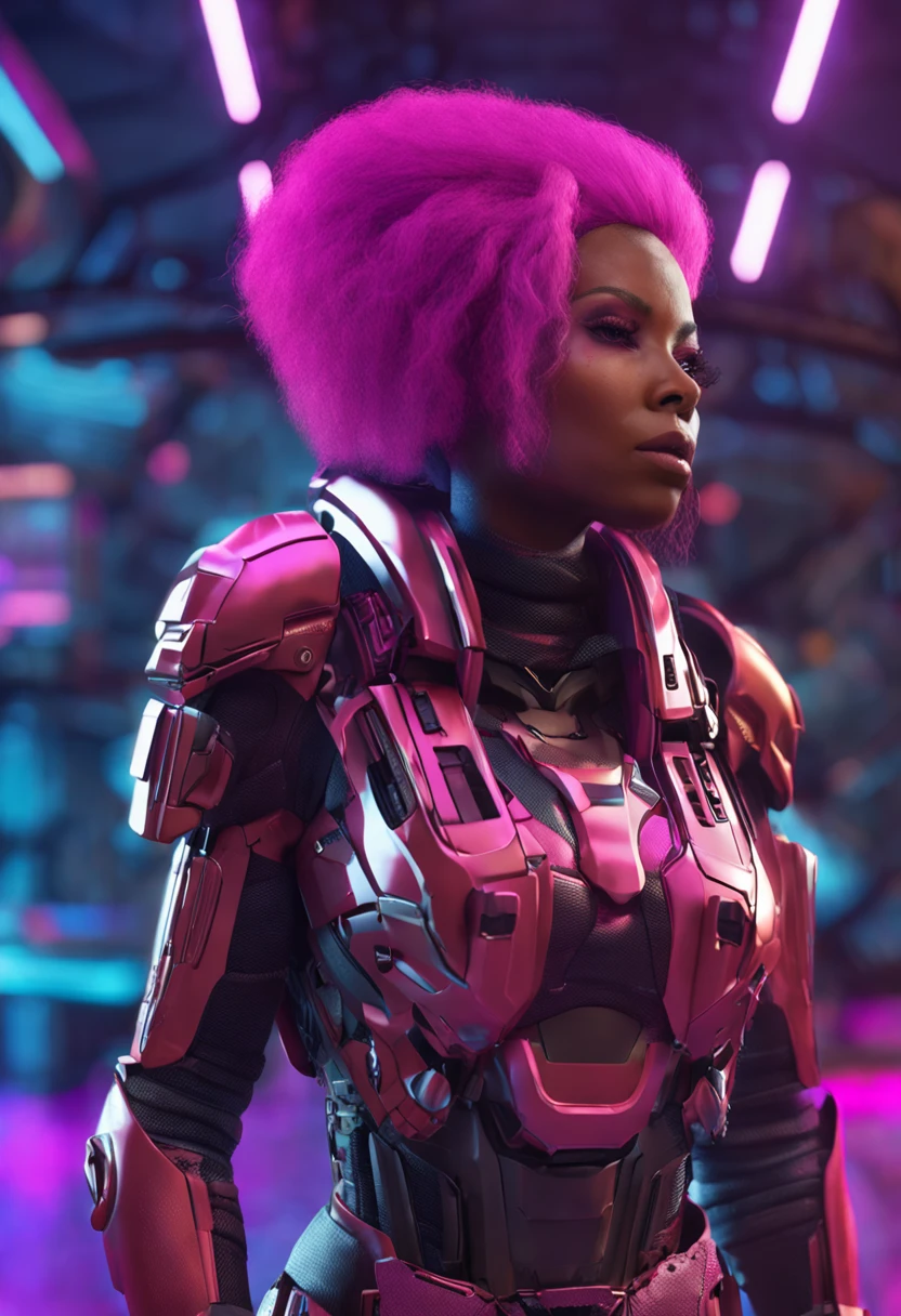 arafed image of nicki minaj with a gun in a sci - fi environment, a screenshot by Arthur Pan, cgsociety contest winner, afrofuturism, doom slayer from doom eternal, fantasy style 8 k octane render, starcraft 2 videogame character, cybernetic fire armor, 3 d render character art 8 k, clothed in sci-fi military armor, pink hair, insanely inflated ass