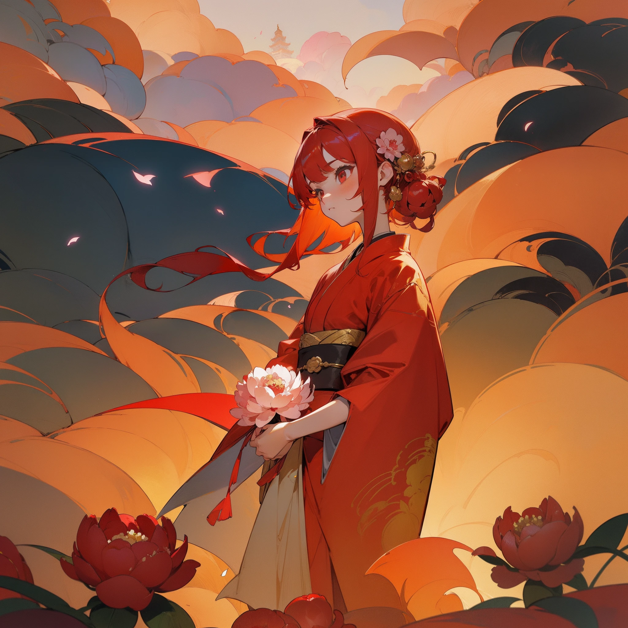 (Beautifully Aesthetic:1.2)、(1girl in:1.3)、(Red and gold colorful hair:1.2)、Colorful red and gold kimono、Peonies、peony flower、wang、sacredness、Top image quality、Landscape painting、Flower God、Peony lantern、