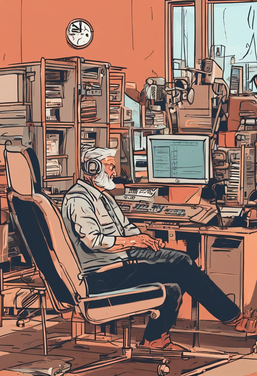 A crane sits on a chair,Staring at the computer screen,Typing with wings on the keyboard,Cartoon genre style,