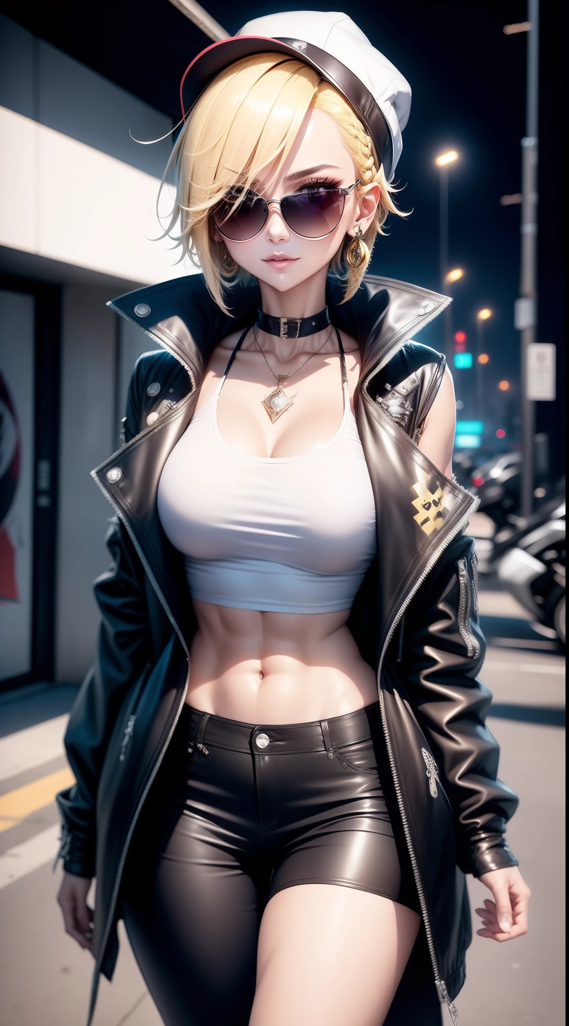 Masking, 1girll, Solo, view the viewer, Smile, Short hair, Blonde hair, mitts, Hat, jewelry, Sitting, Jacket, Yellow eyes, hindquarters, Braid, Earrings, midriff, Pants, Fingerless gloves, nail polish, Crop top, Night, groundvehicle, motorvehicle, Cropped jacket, motorcycle, Chicken legs Shima Rin, shirt, single earring, Sleeveless, spiked hair, Stud earrings, sunglasses, Toho Yunlin, Train, Double up braid, White shirt, Yurukanpin, Zizki, Zipper Latabad, Zipper Latabad, Zipper Latabad, zoom layer, Zoom mask, Zipper Latabad, Zipper Latabad, Zipper Latabad