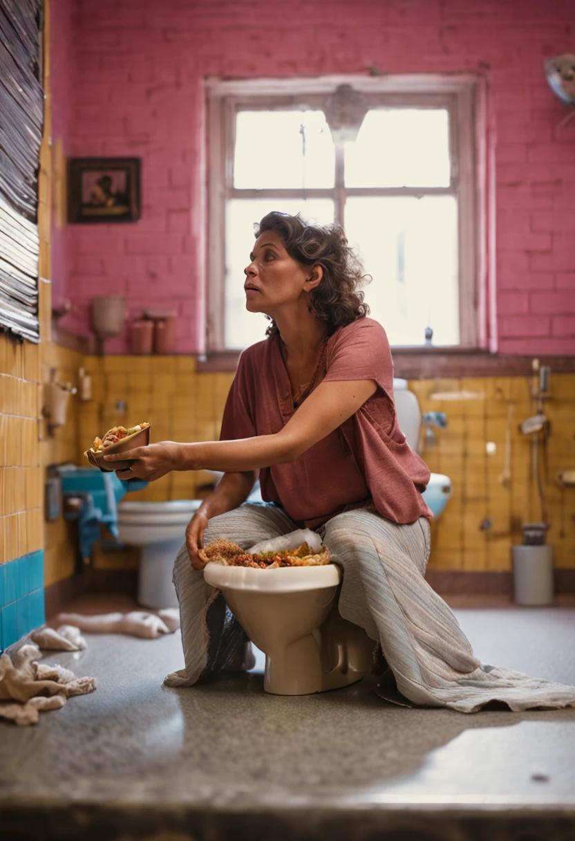 Woman eating in the toilet