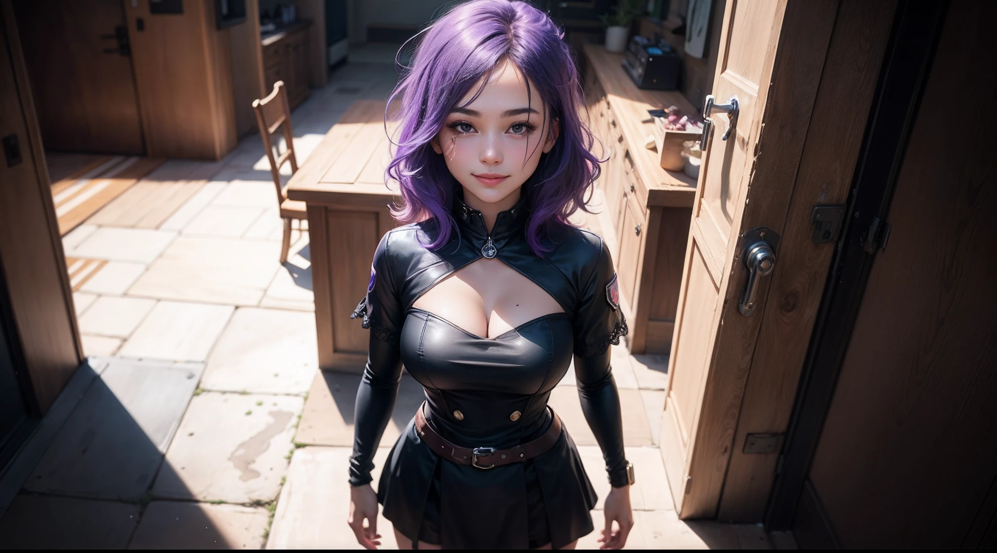 1girl,streaked hair, full body,purple hair, blue hair, hair intakes, mole under eye, hollow eyes, smile, light smile, close-up, cowboy shot, Wide-Angle, depth of field, Verism, Surrealism, high detail, modern, Minimalism, American propaganda poster, first-person view, from above, panorama, UHD, masterpiece, textured skin, best quality, highres, 8k