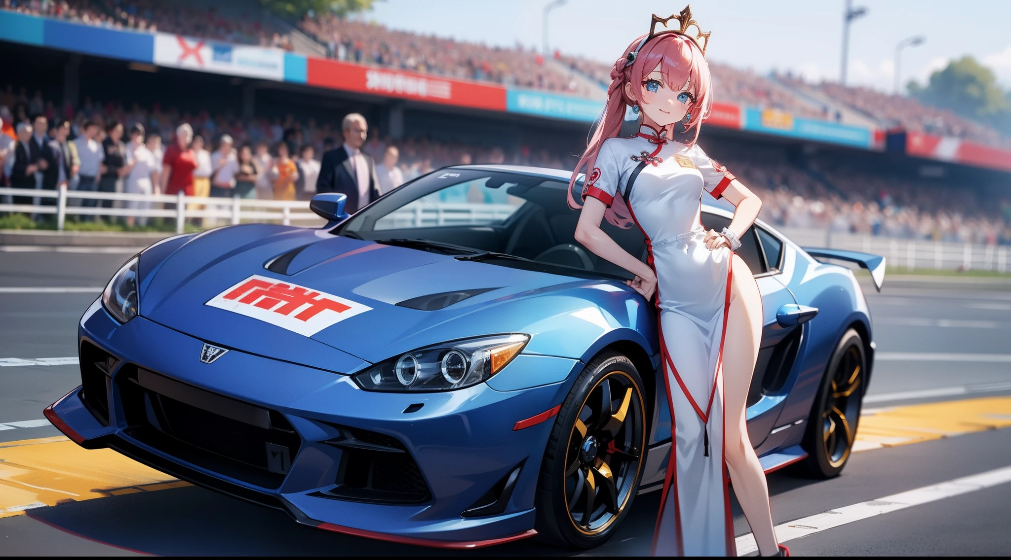 Masterpiece, Super detail, Best quality, Racing and young women,The car should have the word MOTEK on it,Very eye-catching, Solo, Tournament Queen costume, The costume has the words MOTEK in English and the words of Chinese magic iron,Smile, hand on hips, view the viewer, high detailed background, Background racing track, In front of a crowd, Bokeh, Anatomically correct