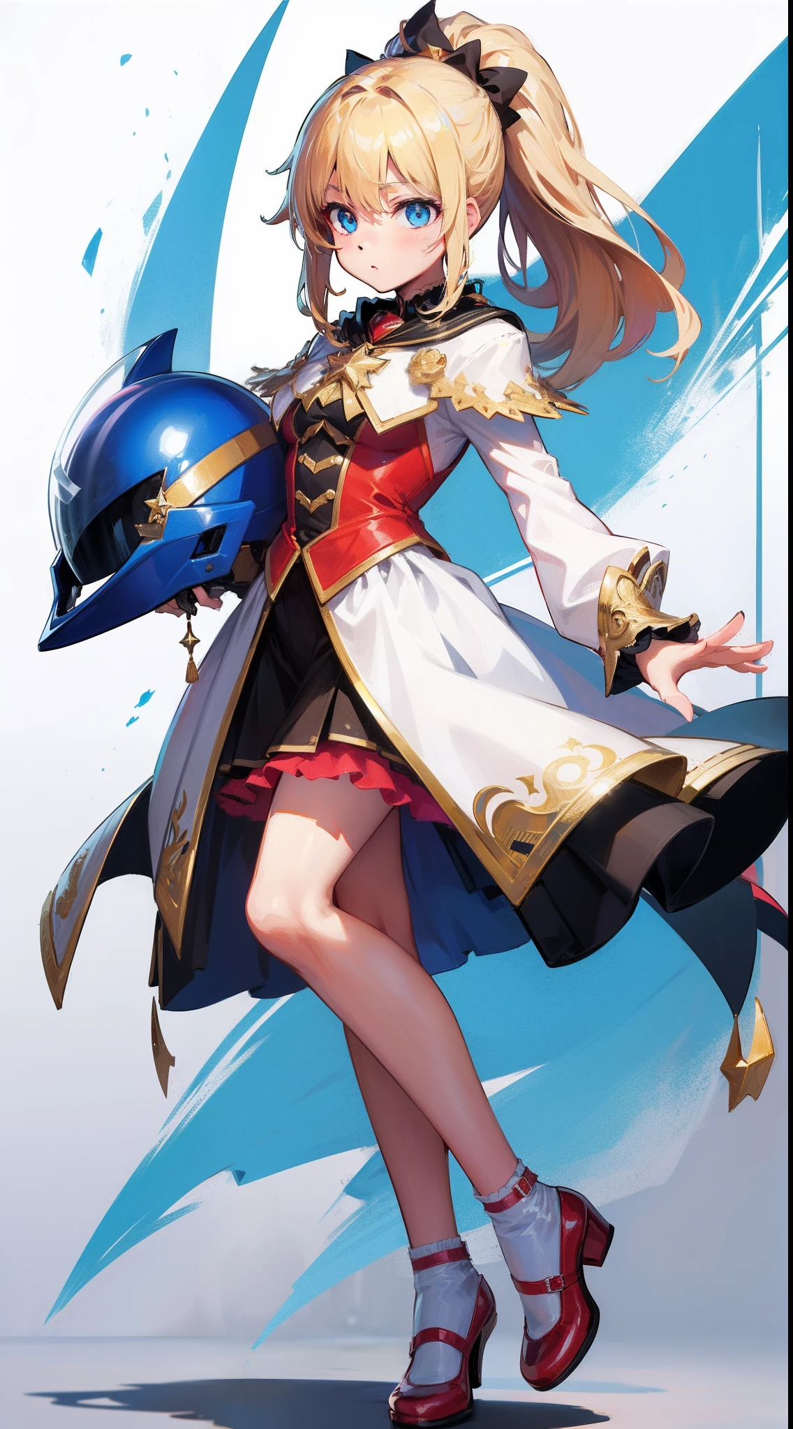 Blonde single ponytail,eBlue eyes,white helmet,There is a blue star on the helmet,Red shoes,Blue and white color matching clothes,best qualtiy,4k画质,Highest image quality