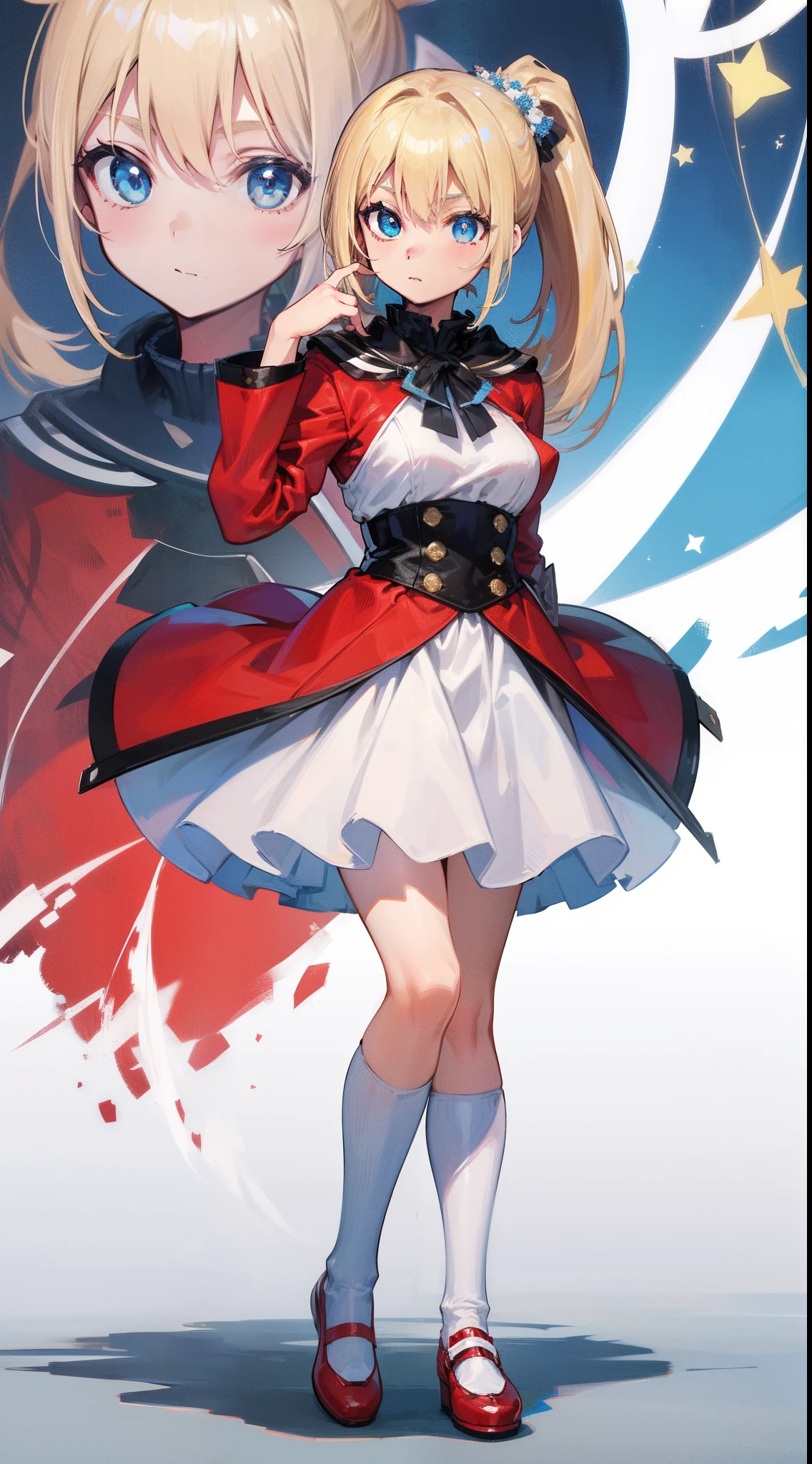 Blonde single ponytail,eBlue eyes,white helmet,There is a blue star on the helmet,Red shoes,Blue and white color matching clothes,best qualtiy,4k画质,Highest image quality