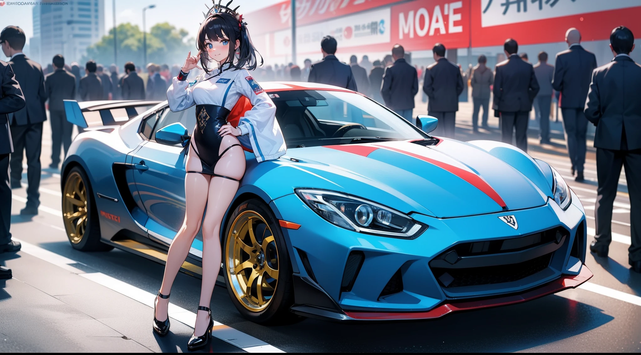 Masterpiece, Super detail, Best quality, Racing and young women,The car should have the word MOTEK on it,Very eye-catching, Solo, Tournament Queen costume, The costume has the words MOTEK in English and the words of Chinese magic iron,Smile, hand on hips, view the viewer, high detailed background, Background racing track, In front of a crowd, Bokeh, Anatomically correct