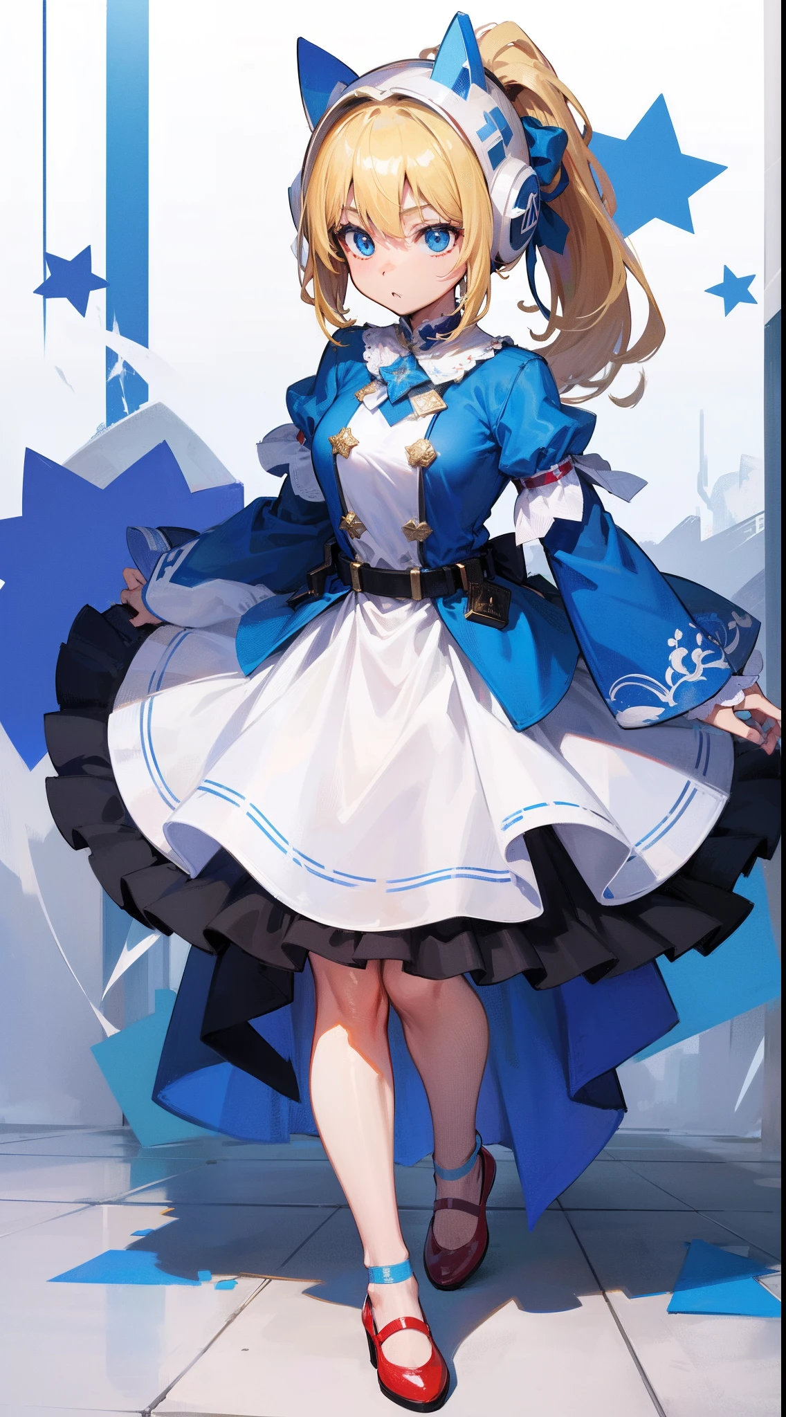 Blonde single ponytail,eBlue eyes,white helmet,There is a blue star on the helmet,Red shoes,Blue and white color matching clothes,best qualtiy,4k画质,Highest image quality
