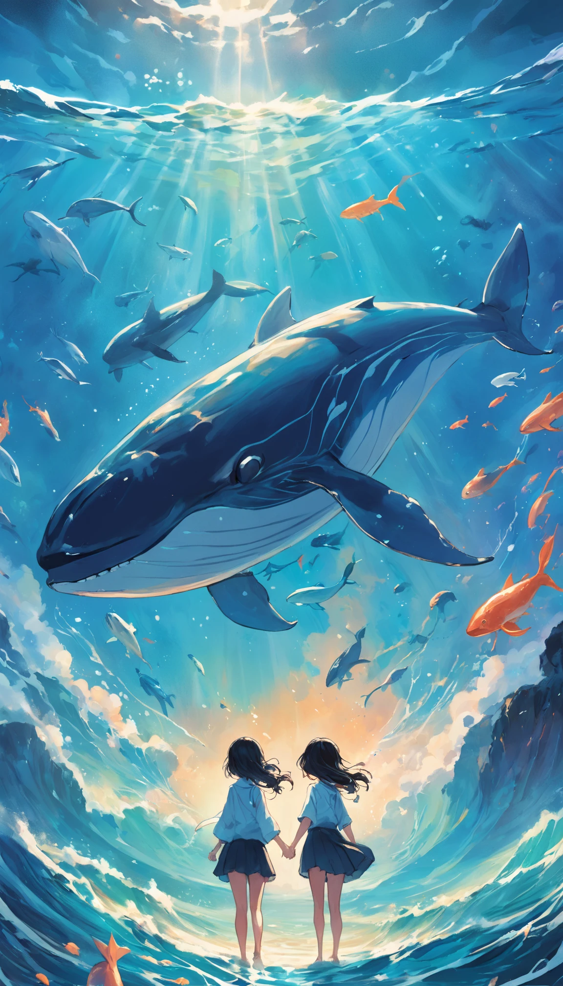 Pintura de um golfinho nadando no oceano colorido, Look up at the composition, Jellyfish and whales from the sky, inspirado em Cyril Rolando, a beautiful artwork illustration, autor:Shitao, arte conceitual colorida, Makoto Shinkai Cirilo Rolando, ao estilo de Cyril Rolando, Baleia voadora, Aquarela altamente detalhada 8K, Aquarela altamente detalhada 8 K,octano,Fim,Realistic,8k,Estilo Makoto Shinkai( Reasonable design, linhas claras, Alta nitidez,best quality, Very detailed, master part, Efeito de luz do filme, 4k )