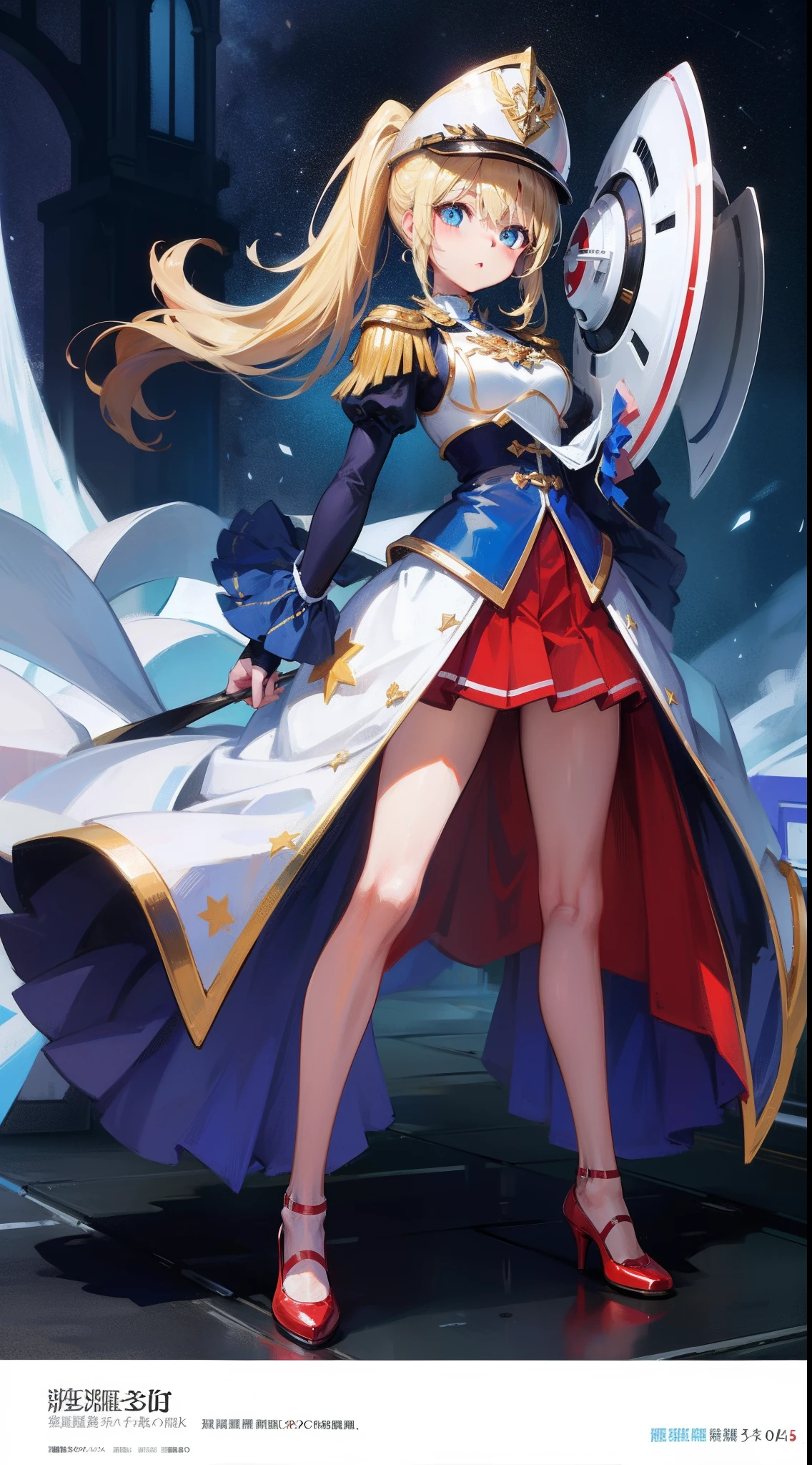 Blonde single ponytail,eBlue eyes,white helmet,There is a blue star on the helmet,Red shoes,Blue and white color matching clothes,best qualtiy,4k画质,Highest image quality