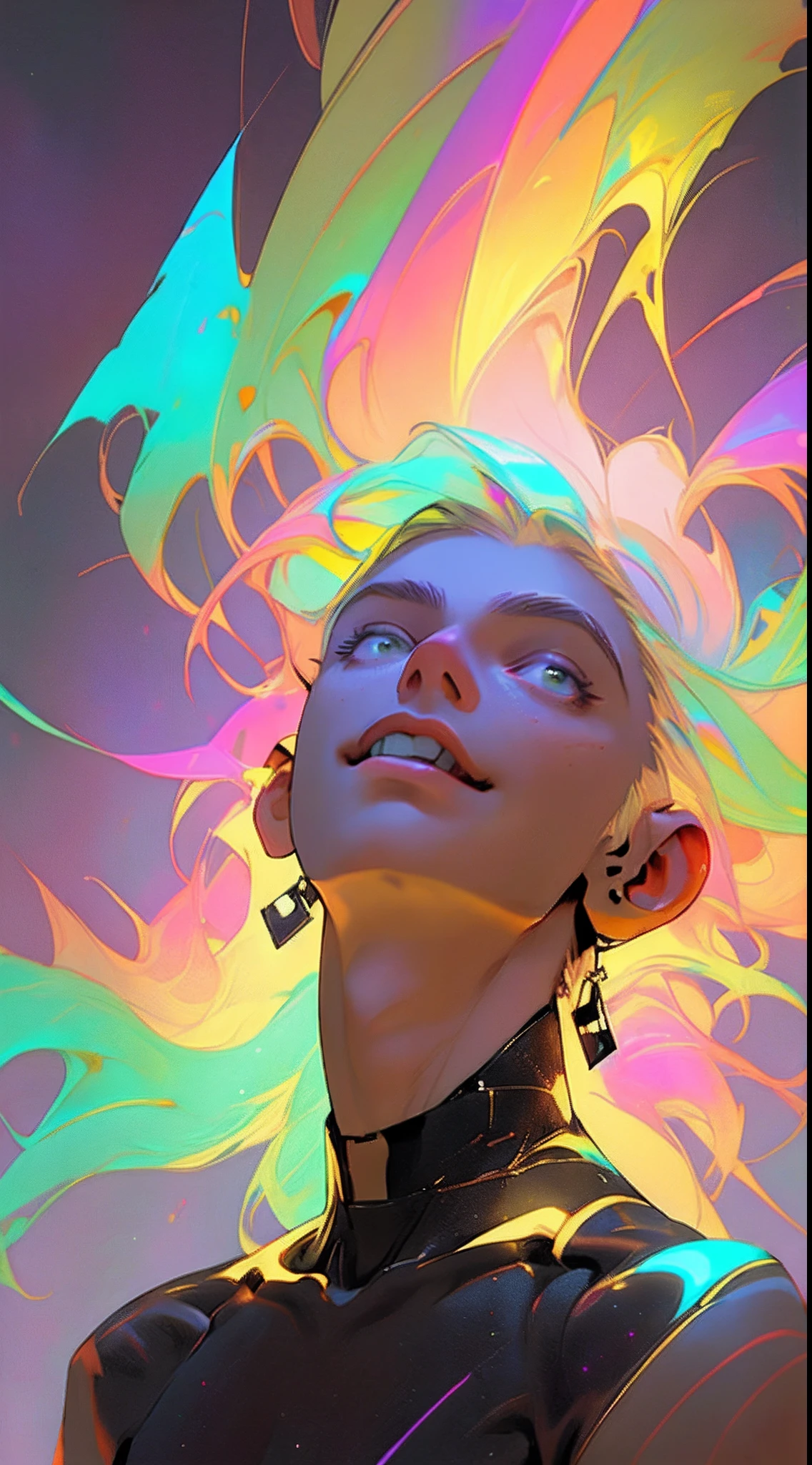8k quality, ultra detailed, galaxy background effects, 1boy looking up, rainbow color hair