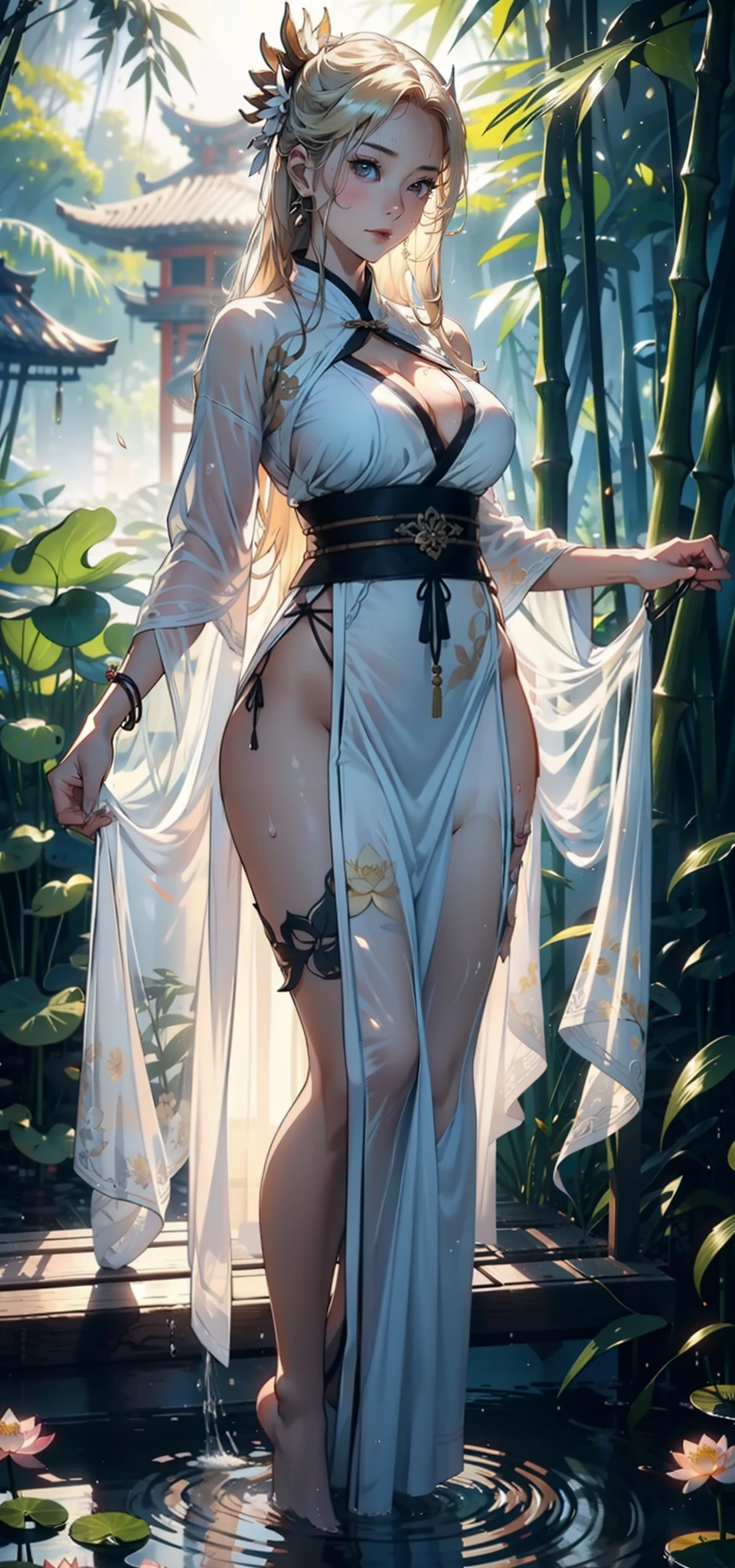 1female,35yo,mature,Bigchest,Big breasts Thin waist,long leges, 独奏,(Background with:bamboo forrest,lotuses,lotus flower,exteriors,Lotus pond) She has long blonde hair,standing on your feet,Sweat profusely,drenched all over the body,seen from the front, hair straight, mostly cloudy sky,(((tmasterpiece),(Very detailed CG unity 8K wallpaper),best qualtiy,cinmatic lighting,detailed back ground,beatiful detailed eyes,Bright pupils,Black eyes,(Very fine and beautiful),(Beautiful and detailed eye description),ultra - detailed,tmasterpiece,)),facing at camera,A high resolution,ultra - detailed),revealing breasts,Bare genitalia, Bulge,legs are open,Raised sexy,Camel toes,Flushed complexion,Open-mouthed,frontage,(Wearing:White transparent Hanfu,Bare genitalia,Bare breasts,nakeness)