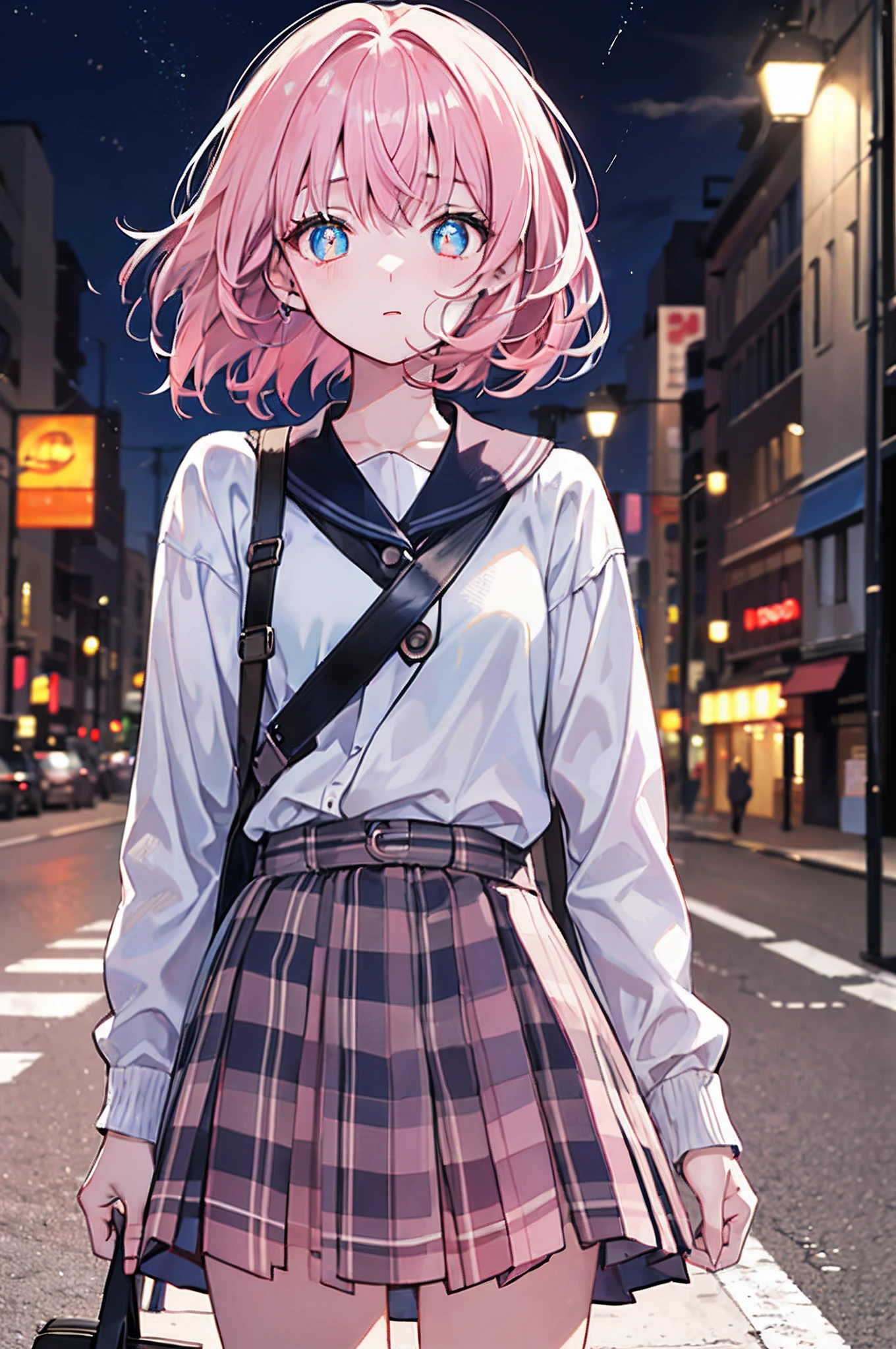 (tmasterpiece、top-quality、illustratio、Extremely high quality、high-level image quality、Extremely sensitive writing)Girl with short pink hair standing in the middle of a late-night crossroads,Light blue pupils,A breeze brushed her long hair、The short skirt also flutters in the wind,