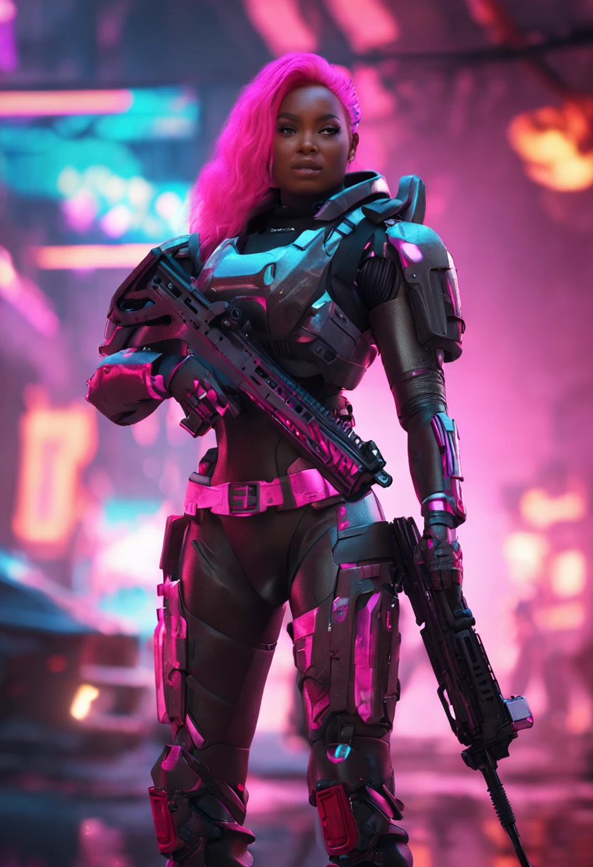 arafed image of nicki minaj with a gun in a sci - fi environment, a screenshot by Arthur Pan, cgsociety contest winner, afrofuturism, doom slayer from doom eternal, fantasy style 8 k octane render, starcraft 2 videogame character, cybernetic fire armor, 3 d render character art 8 k, clothed in sci-fi military armor, pink ponytail hair,