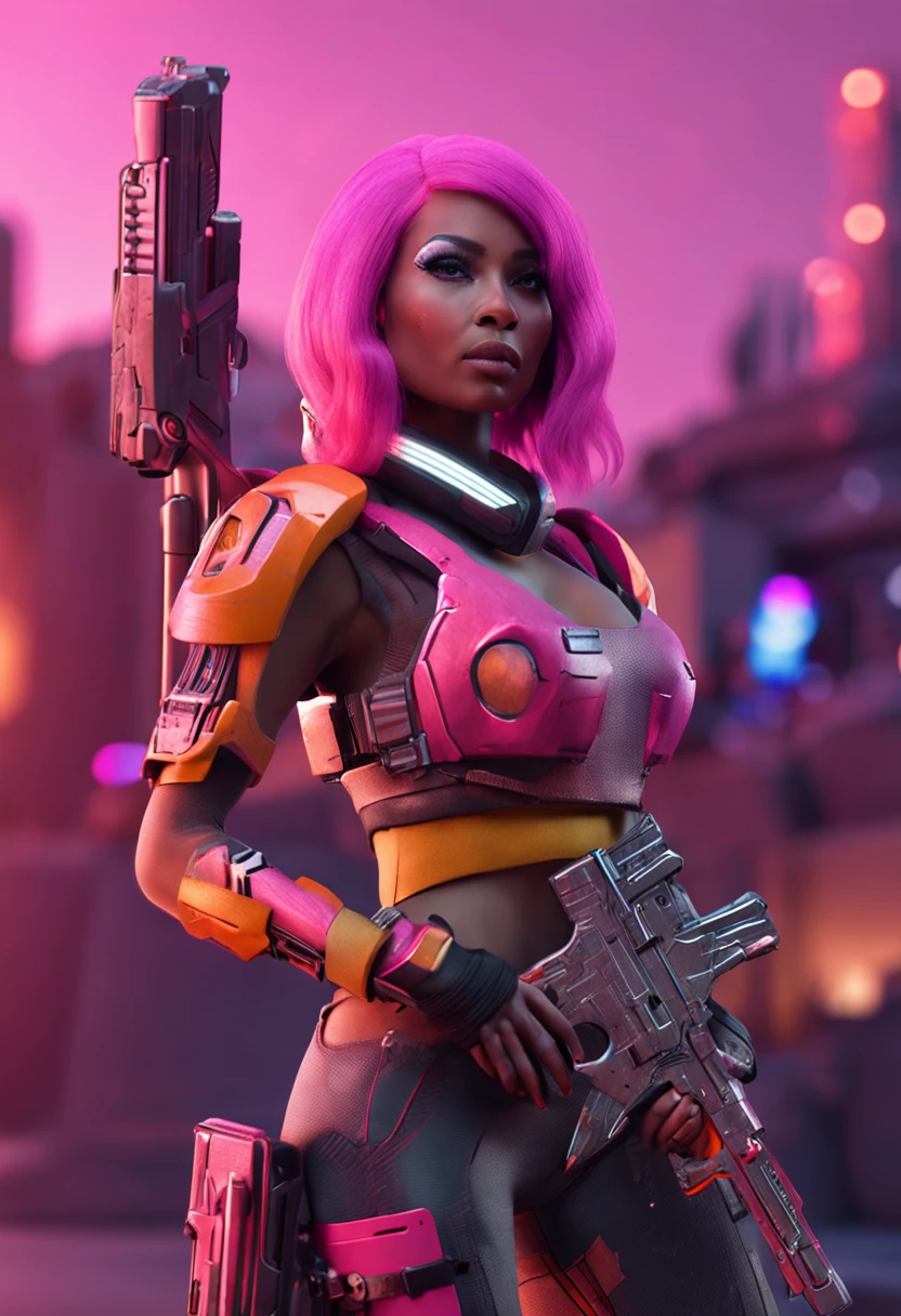 arafed image of nicki minaj with a gun in a sci - fi environment, a screenshot by Arthur Pan, cgsociety contest winner, afrofuturism, doom slayer from doom eternal, fantasy style 8 k octane render, starcraft 2 videogame character, cybernetic fire armor, 3 d render character art 8 k, clothed in sci-fi military armor, pink ponytail hair,