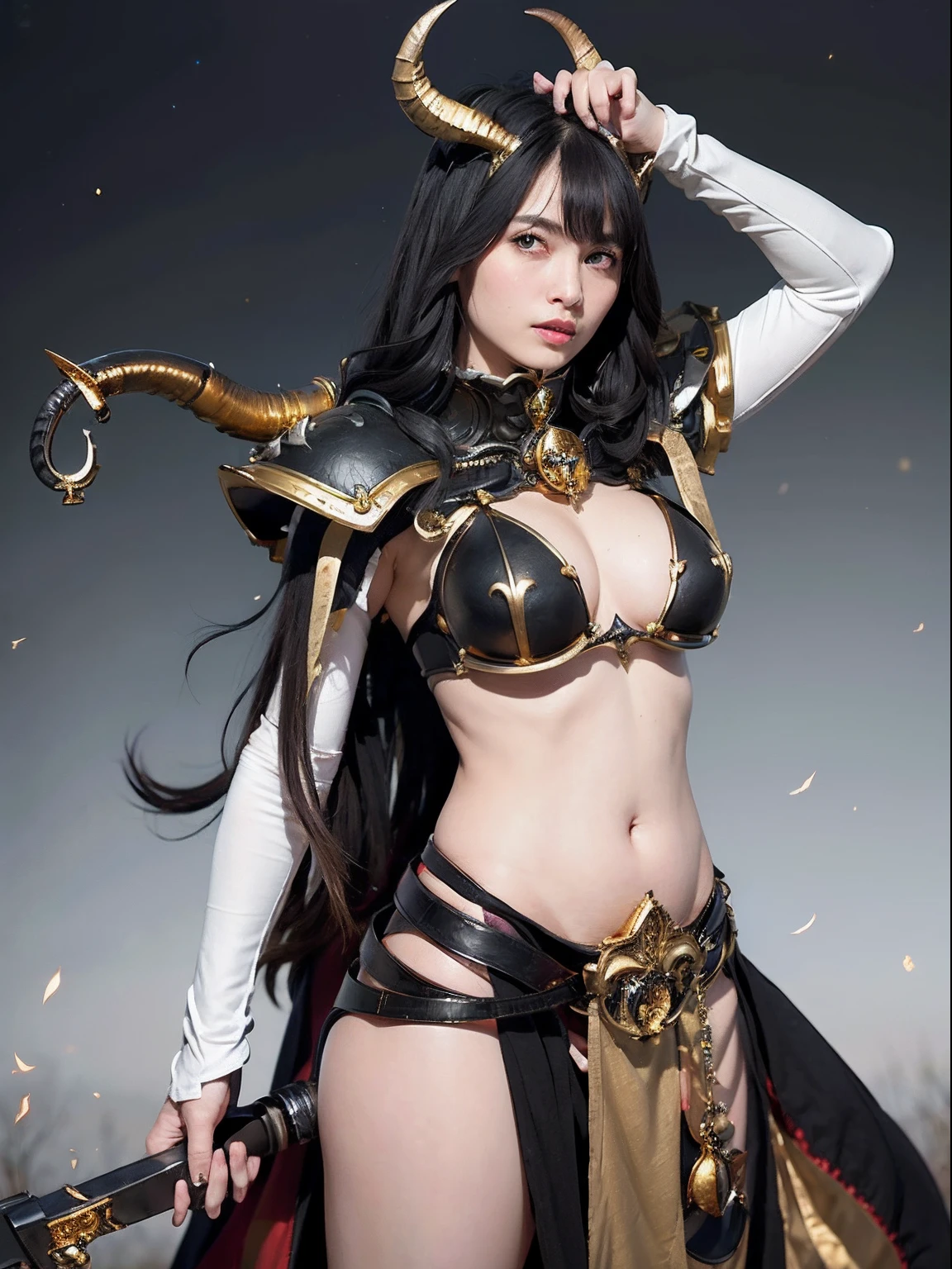 Professional , masterpiece、top-quality、photos realistic , depth of fields 、(A dark-haired) 、(Gemstone White Metal Body:1.9),(Matte Black、Jewel Gold Weapon(Jewel Metal Body:1.4),Gorgeous metal weapons ,Particles of light、(Black wings)、(( Detailed and gorgeous sword of the brave)) ,Light Effects、intense fighting、Wind-effect、magic circles、 (A dark-haired) ,warhammer 40k ,Detail and ornate jewel crown、With the legendary magic wand、Dragon's tail、explosions、((Micro Bikini Armor))、((Gangle's forest background))、Beautiful Caucasian beauty、1a person、dynamic ungle,(((Details of the two demon horns on the head)))、Smaller head、A smile、Background inside the castle、Thin and beautiful female hands、cleavage of the breast、Soldier in iron armor on background、Mystical expression、Light Effects、Wind-effect、With the legendary magic wand、(wingspan)、Toostock、Anatomically correct body、