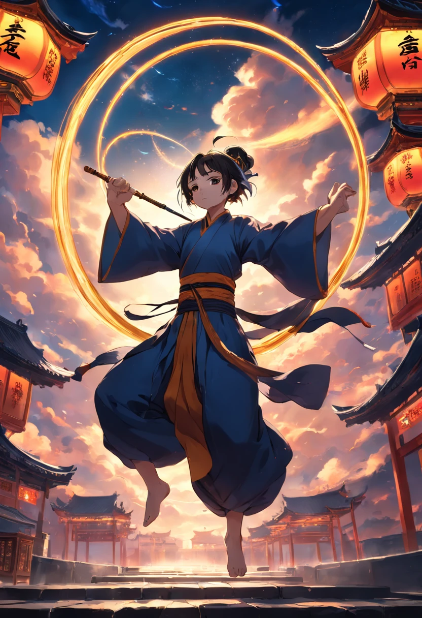 The monk holds a ruyi golden hoop pole and flies in the sky