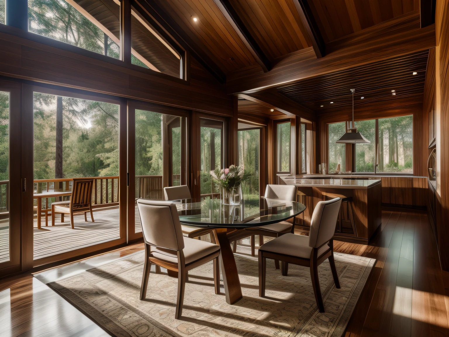 creative Furniture, dvArch Modern, 85 mm., F1.8, portrait, photorealistic portrait, hyperrealistic, Super Detailed, intricate, breathtaking,sunbeam, glossy, high dynamic range, (Villa in the Forest), Wooden House, masterpiece,bestquality,(10, RAW photo:1.2),(( ultra realistic)),