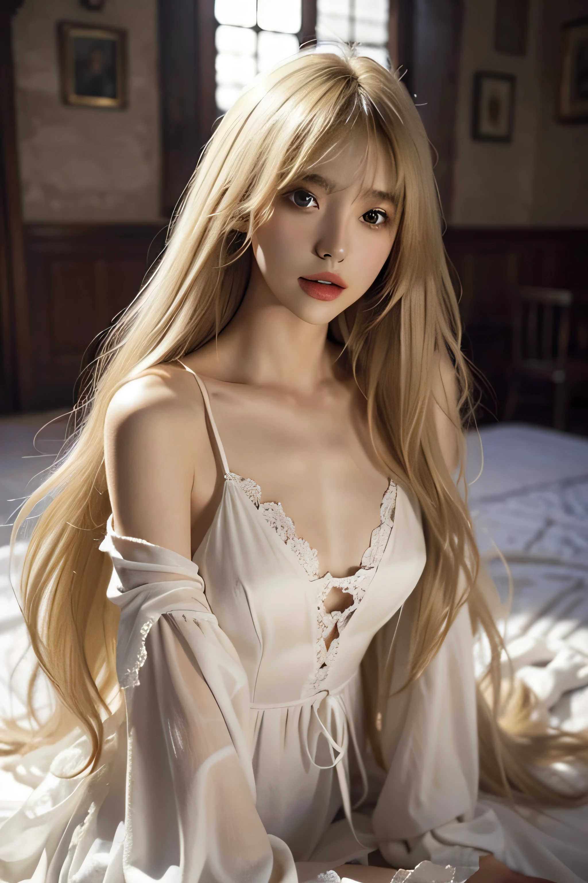 ((((masterpiece, best quality, high resolution)))), (1girl:1.5), ((long silky hair, silver hair, yellow eyes, sharp eyes)), (medium breasts:1.2), blush, (cheeky smile, parted lips), glow, thighs, bare shoulders, collarbone, narrow waist, (slender body figure), (beautiful detailed face, beautiful detailed eyes), ((white satin nightgown, thin material)), (standing up), looking at viewer, nighttime, bedroom