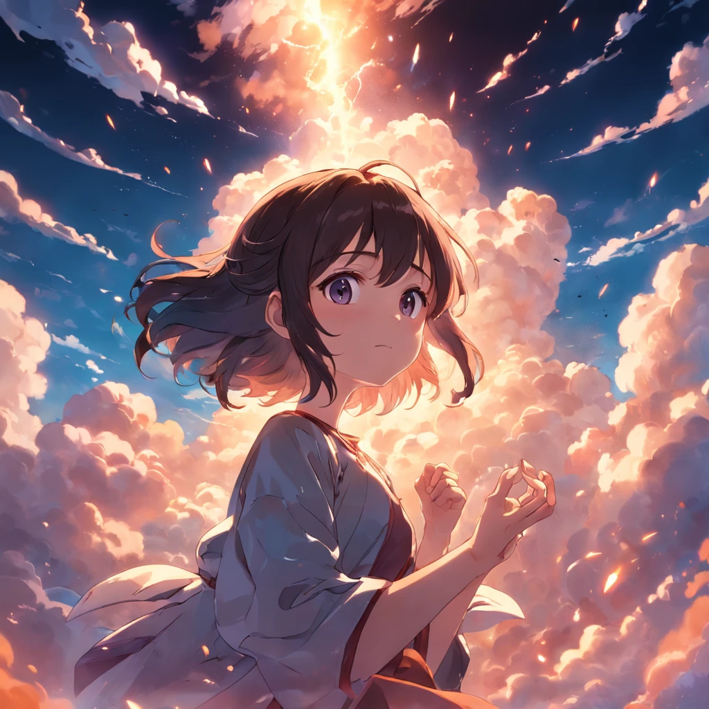 masterpiece, best quality, movie still, 1girl, cloud girl, floating in the sky, close-up, bright, happy, warm soft lighting, sunset, (sparks:0.7)