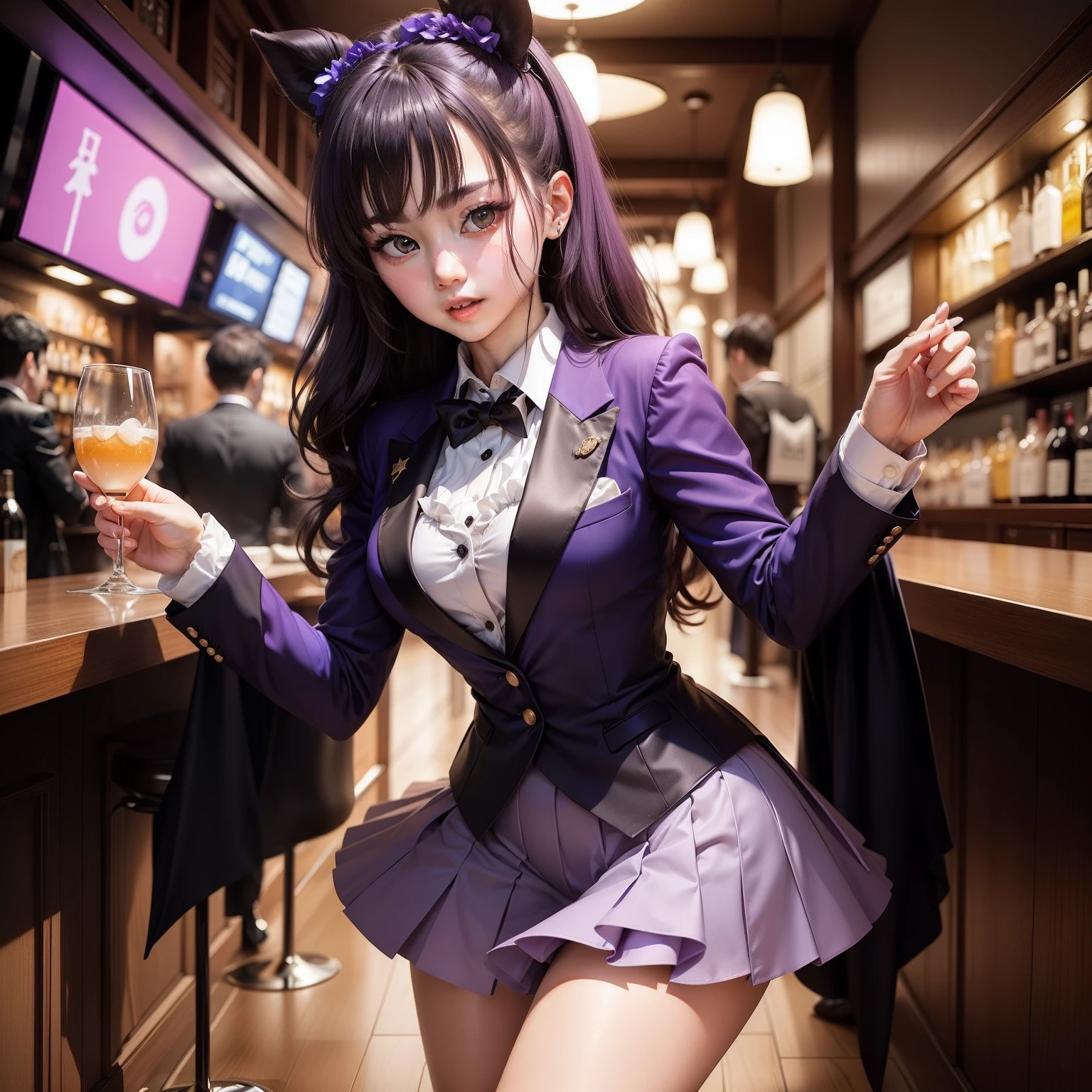 ((best quality)), ((highly detailed)), masterpiece, (detailed eyes, deep eyes), (1girl), dynamic angle, cowboy shot, mlprarity, woman, smile, looking at viewer, ((bright purple hair)), ((blue eyes)), (((one piece strapless swimsuit))), cleavage, ((((indoor, night, dance club)))), white bunny tail on butt, (((white wrist cuffs))), ((white collar, bow tie, bunny ears)), woman, sexy, rosy cheeks, large breasts, realistic proportions, headband, hand on hip, curvy body, lipstick, fishnets, curvy hips, busty, exposed breasts, visible tits, (((german face))), (((removing clothes)))