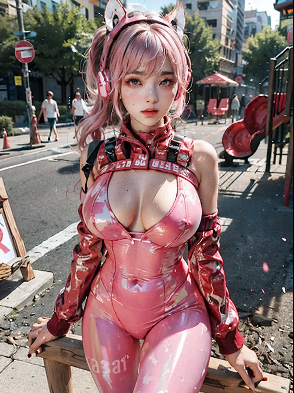 best qualtiy, tmasterpiece, 超高分辨率, (fidelity: 1.9), RAW photogr, 1girll, exposed bare shoulders, closeup cleavage, Asians, exteriors, playground, 电影灯光, By bangs, tightsuit, nedium breasts, Cover the navel, Cropped jacket, mitts, Earphone, impossible bodysuit, jaket,big cleavage breasts, long whitr hair, longer sleeves, huge tit,roll eyes,Covered in white liquid, parted lip, Pink tights, Pink eyes, Pink hair, Fluffy sleeves, red blous, shrugged shoulders\(The clothes ar\), skin tight, 独奏,Double tail,alice\(Japanese post),(tmasterpiece:1.4),(best qualtiy:1.4),(shiny skins),Photorealsitic
