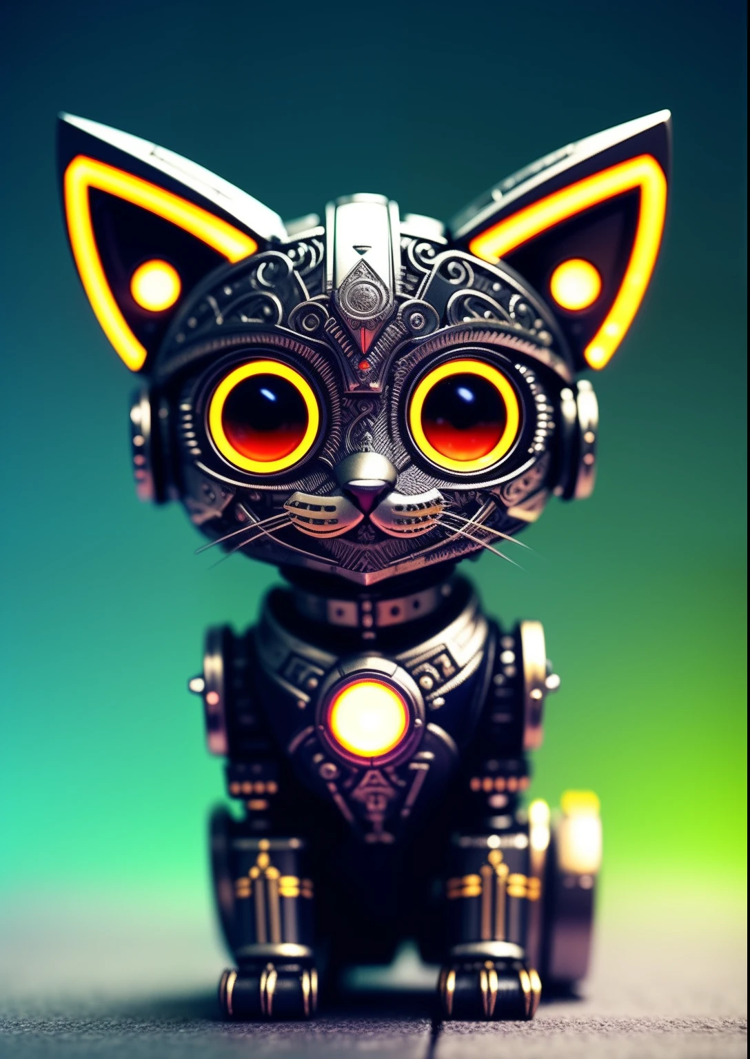 A cute kitten made of metal, robot, cyberpunk style, ((intricate details)), hdr, ((intricate details, super detailed)), cinematic footage, vignette