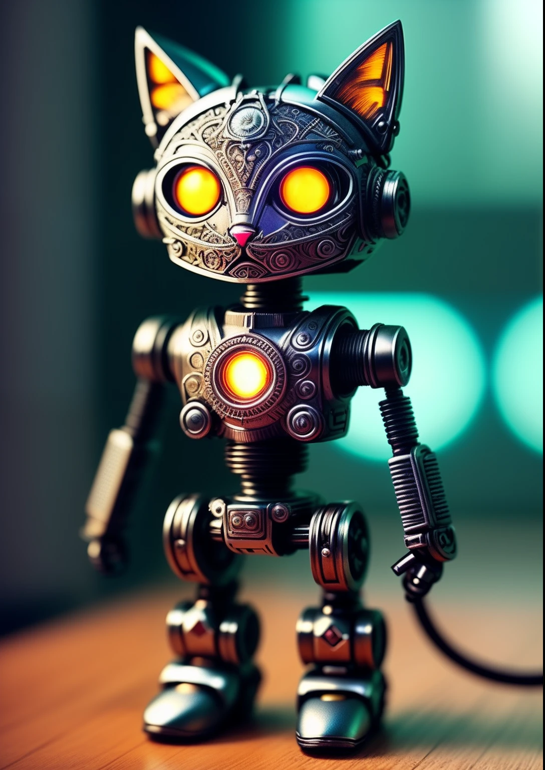 A cute kitten made of metal, robot, cyberpunk style, ((intricate details)), hdr, ((intricate details, super detailed)), cinematic footage, vignette