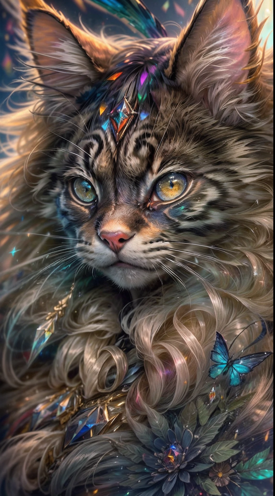 ((ultra-detailed)), (highly detailed CG illustration), ((an extremely delicate and beautiful maincoon)), cinematic light, Create a stunning fantasy artwork that mimics the style of currently trending masters of the genre. The art piece should contain elements of both mythic fantasy  with colorful accents. ((Utilize various shades of olive green and watercolor pastels as the main color scheme.)) The maincoon in the artwork is a fluffy with an aura of mystery and magic, mesmerizing eyes with vibrant colors and bold shading. The fur of maincoon  should be designed with gossamer feathers, silk, stunning embroidery, and subtle iridescent details. Incorporate dreamy colors, dynamic lighting, and detailed background elements to create a sense of awe and immersion. Include magical aura. Consider, (((masterpiece))), (((best quality)))