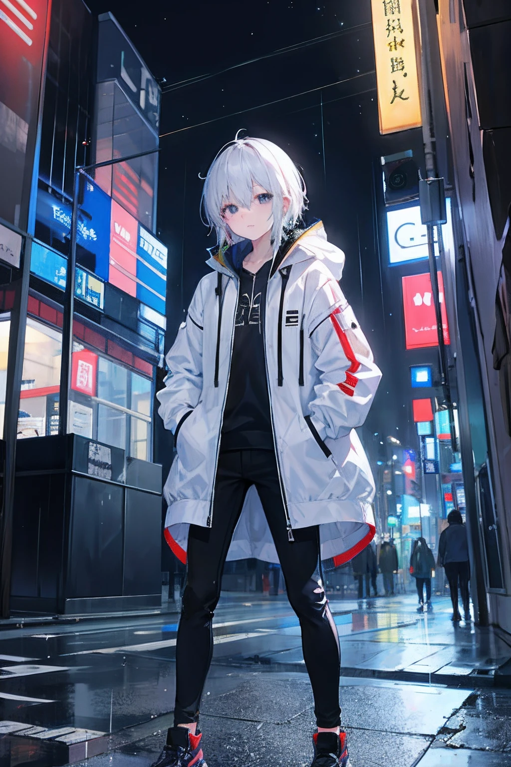 Kizi, The city at night, Light rain, Long jacket, Put your hands in your pockets。