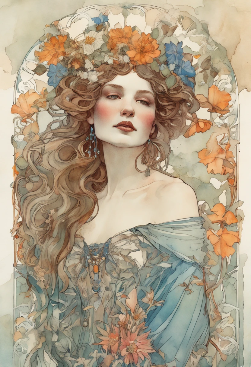 A super detailed watercolor painting,A beautiful woman with flowers in her hair, In the style of Alphonse Maria Mucha and Gustave Kilmut, Art Nouveau accents, fairy princess, Anthropomorphic female, Female figure, Detailed cover artwork, As the goddess of flowers, Alphonse Mucha, Gustav Klimt, pale bluish skin, a marble sculpture, CGSesociety, Gothic art, Art Nouveau, behance contest winner