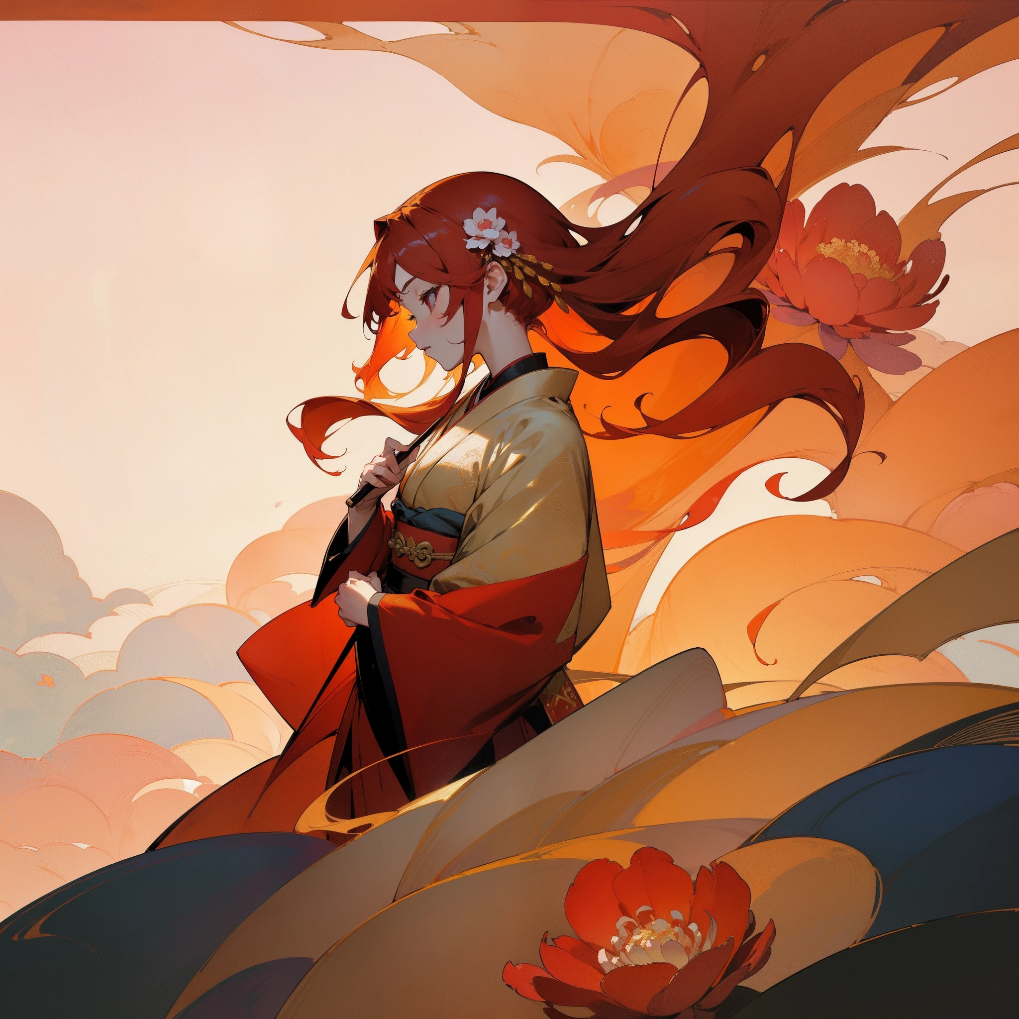 (Beautifully Aesthetic:1.2)、(1girl in:1.3)、(Red and gold colorful hair:1.2)、Red and gold kimono、Peonies、peony flower、wang、sacredness、Top image quality、Landscape painting、God of Flowers、