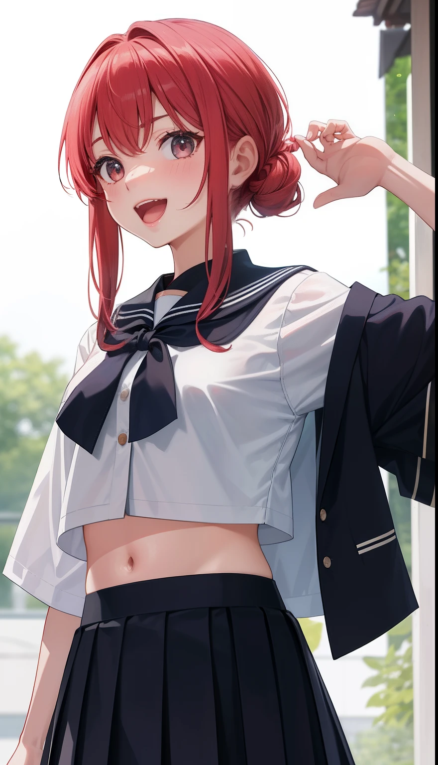 1girl in、AS-Adult、、glad、A delightful、Mouth、Open wide、laughing、The shirt、skirt by the、（small tits）Chilarism、Japan High School Student Uniform、serafuku、summer clothing、（Sheer Bra）、Upper body portrait、