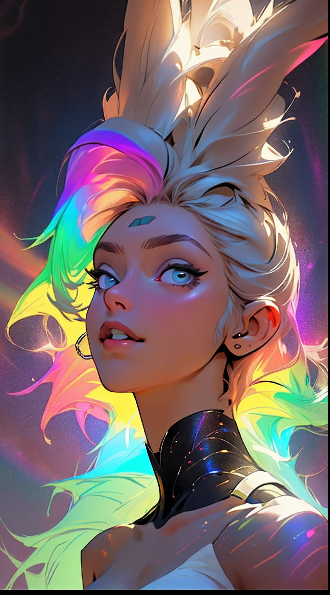 8k quality, ultra detailed, galaxy background effects, 1girl looking up, rainbow color hair