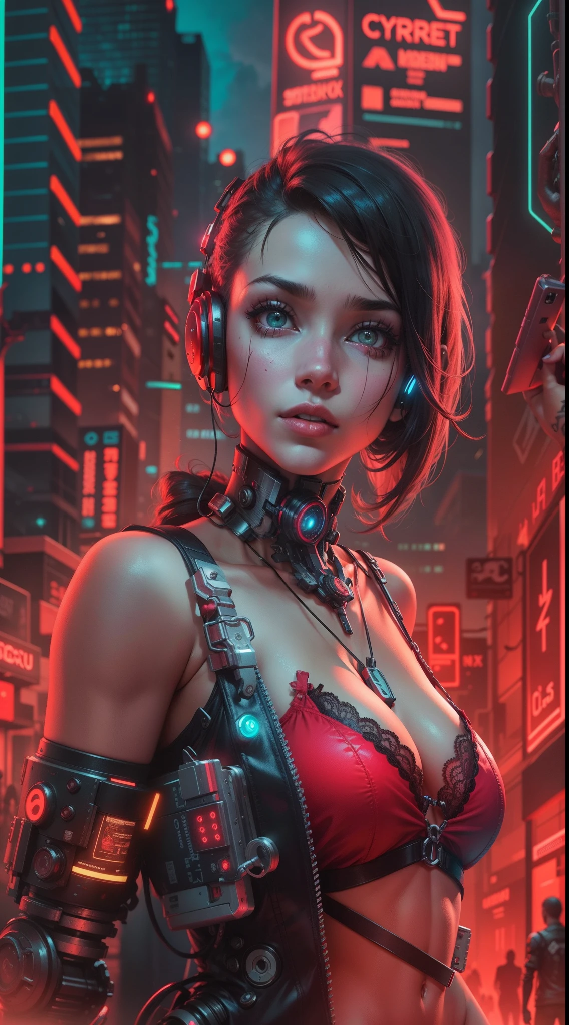 Uma menina loira com capuz vermelho, Red lingerie and cyberpunk-style cybernetic prosthetics in a neon city