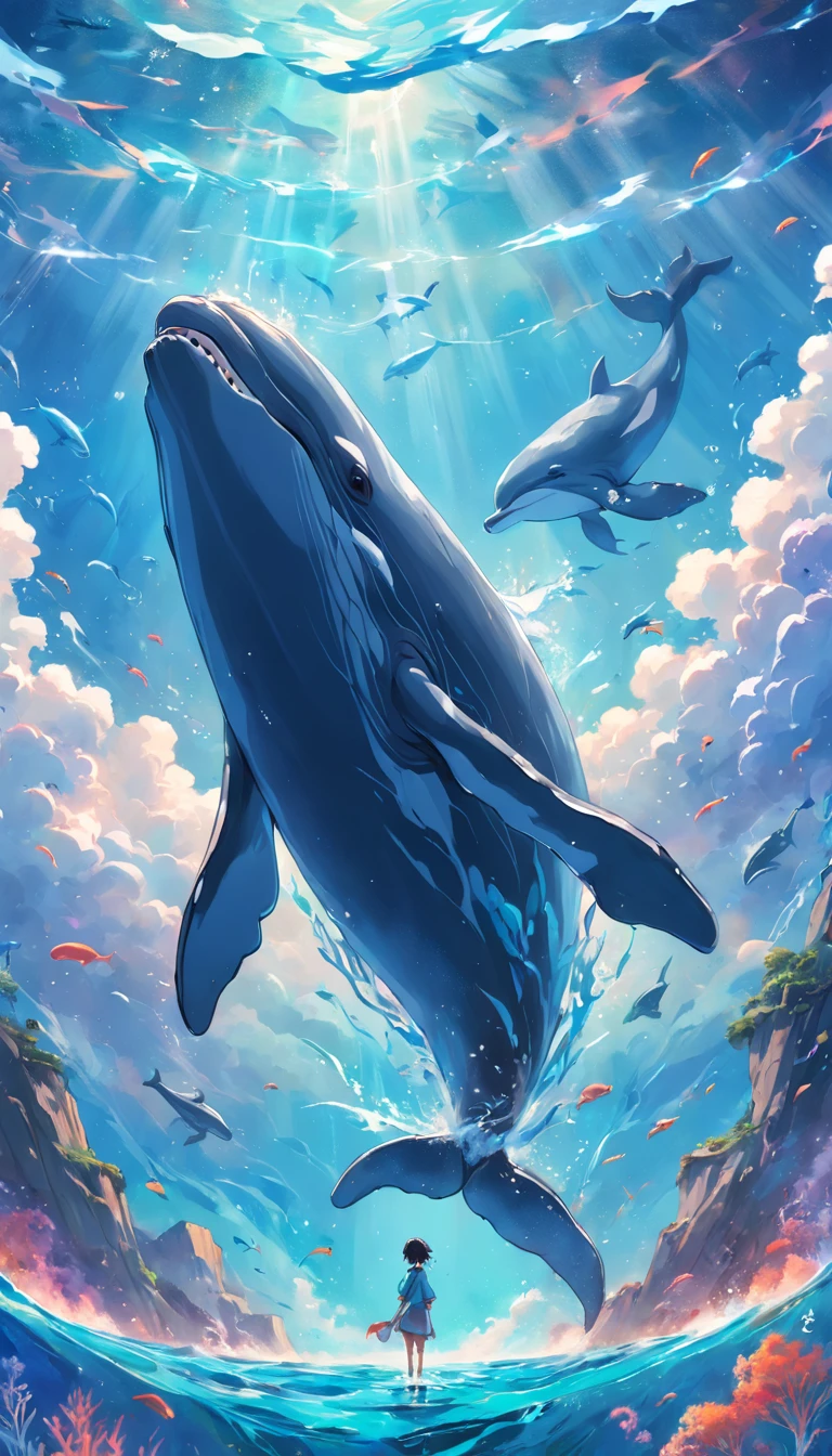 Painting of dolphins swimming in colorful ocean, Look up at the composition, Jellyfish and whales in the sky, inspired by Cyril Rolando, A beautiful artwork illustration, author：Shitao, colorful concept art, Makoto Shinkai Cyrillo Rolando, in the style of Cyril Rolando, flying whale, highly detailed water colour 8k, highly detailed water colour 8 k，octane，the end，Realistic，8K，Estilo de Makoto Shinkai( reasonable design, 清晰的线条, High- sharpness,Best quality, Very detailed, Master parts, movie light effect, 4K )