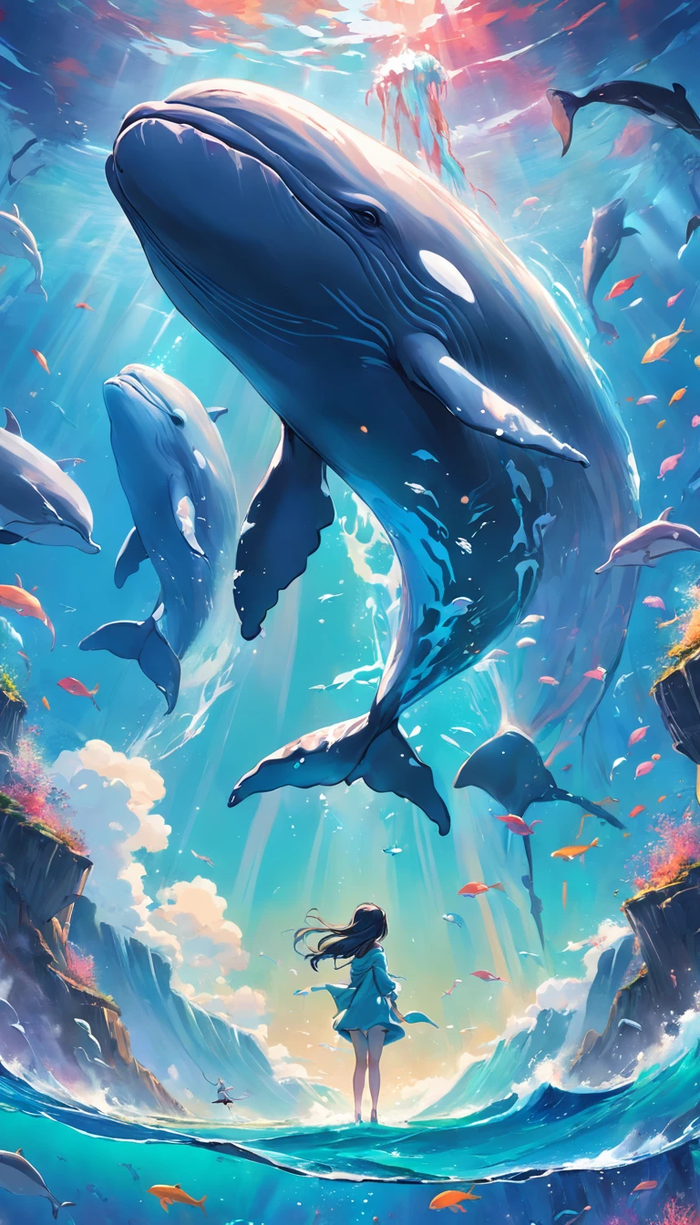 Painting of dolphins swimming in colorful ocean, Look up at the composition, Jellyfish and whales in the sky, inspired by Cyril Rolando, A beautiful artwork illustration, author：Shitao, colorful concept art, Makoto Shinkai Cyrillo Rolando, in the style of Cyril Rolando, flying whale, highly detailed water colour 8k, highly detailed water colour 8 k，octane，the end，Realistic，8K，Estilo de Makoto Shinkai( reasonable design, 清晰的线条, High- sharpness,Best quality, Very detailed, Master parts, movie light effect, 4K )