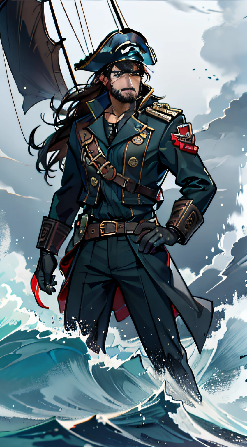 A rough man,a pirate,Captain cap,Shoulder iron anchor,warship,the ocean,fleet,blueneyes,A brown-haired,lbeard,crew,abyssal,firestorm,Greatwave,commanding,Undaunted,big laughter,Standing at the bow of the ship,Anchors,the ocean,wave,firestorm,Dark blue tones,Dressed in black,Facing the wind and waves,fearless,Not afraid,rainy sky,a thunder storm,The captain took the lead