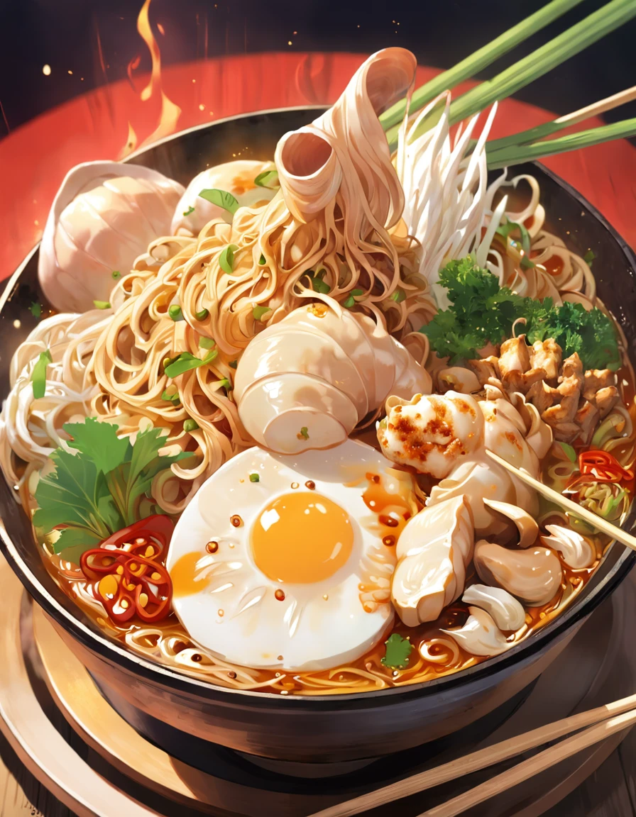 Delicious and tempting spicy noodles,Fresh vegetables are plentiful,The poached egg aroma is overflowing,The brown conch is delicious and delicious,Pepper has a strong flavor,The yellow bamboo shoots are crispy and delicious,The fungus has a delicate taste,Tofu has a good aftertaste,The noodles picked up by chopsticks are fragrant。illustration