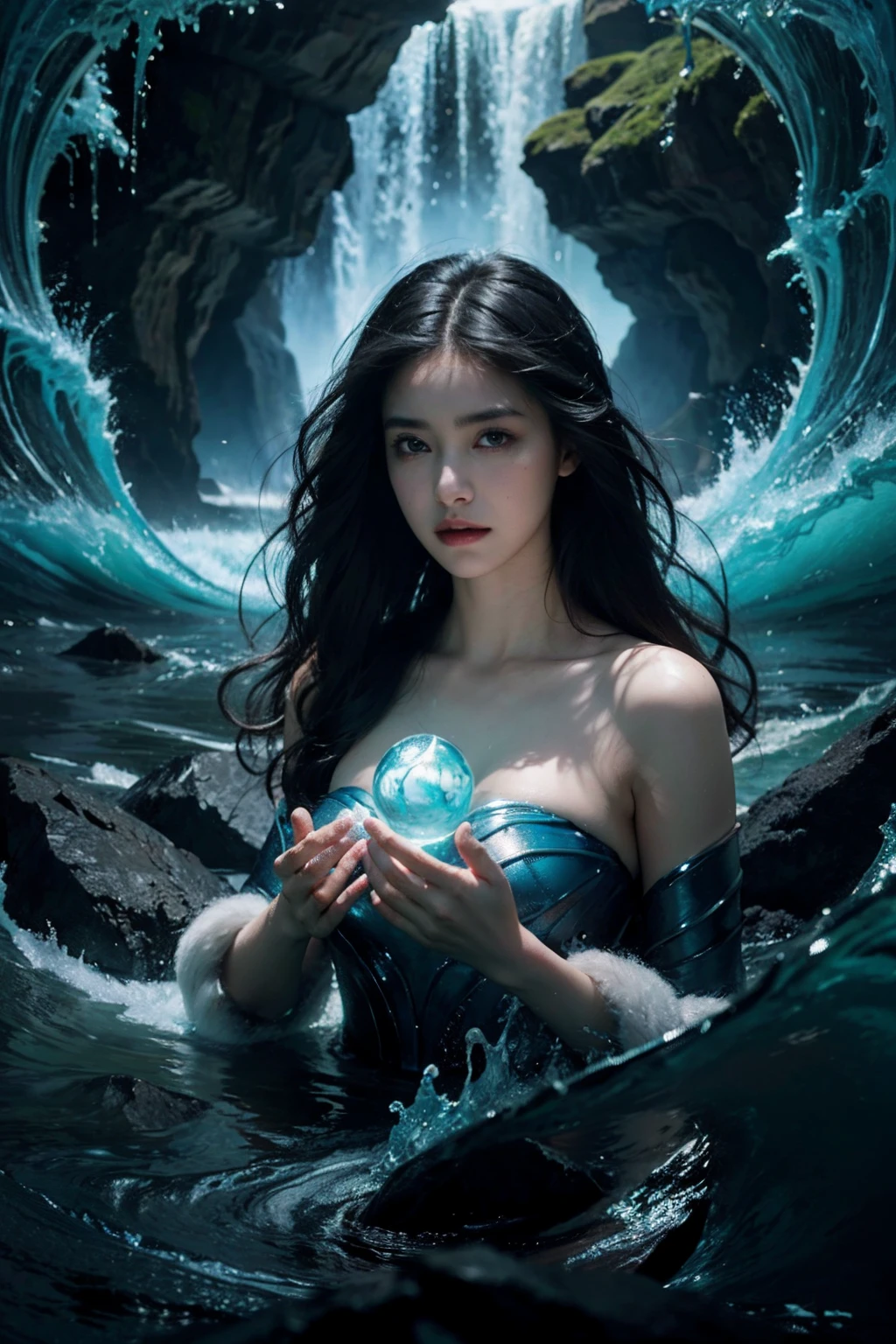 Best quality, masterpiece, ultra high res, waves in background, water dragon, water balls, nature light, photo realistic,
(masterpiece, best quality:1.4),(absurdres, highres, ultra detailed:1.2), (1 girl:1.4), sexy girl, (using dark magic:1.4),water magic,playful illustrations, imaginative overlays, artistic fusion,fantastical scenes, evocative narratives, striking visuals, upper body,