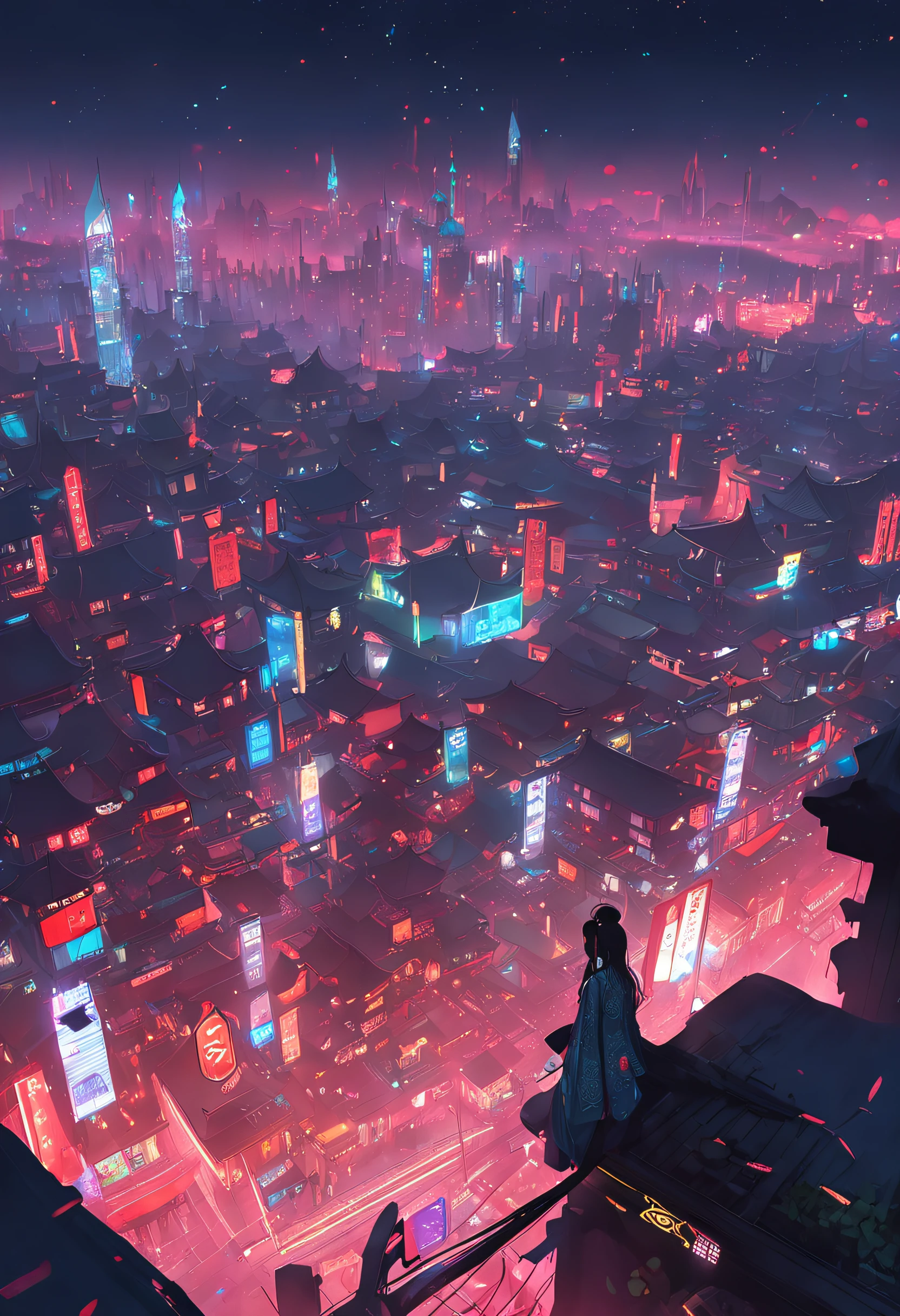 Massive cyberpunk cityscape, Soaring spires and holographic billboards illuminating the night sky.Hanfu girl