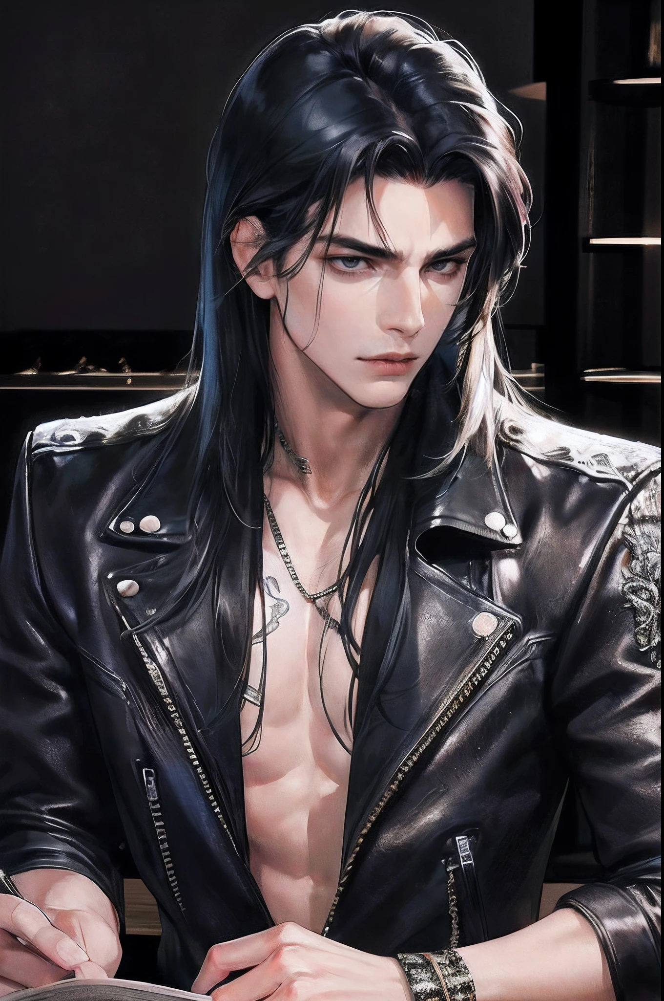 (absurdres, highres, ultra detailed), 1 male, adult, handsome, tall muscular guy, broad shoulders, finely detailed eyes and detailed face, black very long hair, gray eyes, handsome, fantasy, gothic, wolf ears, wolf tail, Sunlight, Fantastic light and shadow, Scenery, portrait, vampire fangs, open mouth, sexy, attractive, full body, tongle, no clothes, no shirt,, Dog Collar, bangs, cute face, sitting on the couch, black leather pants, no shirt