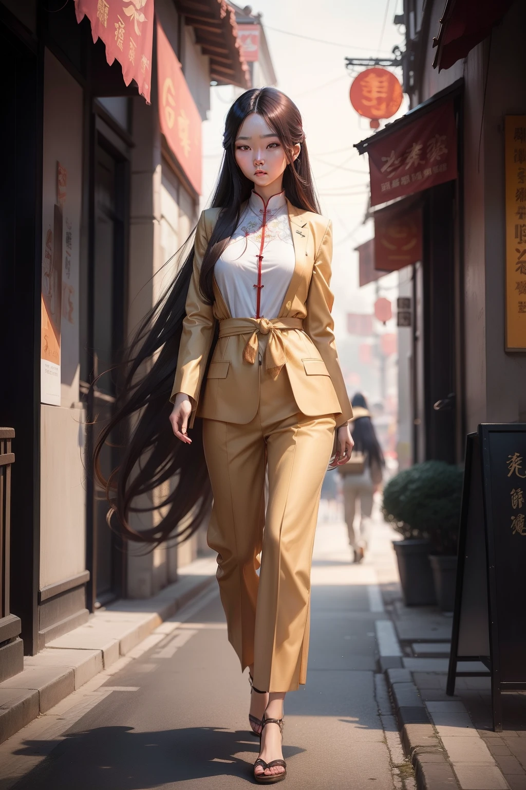 Chinese woman walking down street in tan suit, With long hair, realistic art style, ChineseGirl,dressed with long fluent clothes, Guviz-style artwork, style of surrealism, ulzzangs, ilya kuvshinov with long hair, Beautiful young Chinese woman