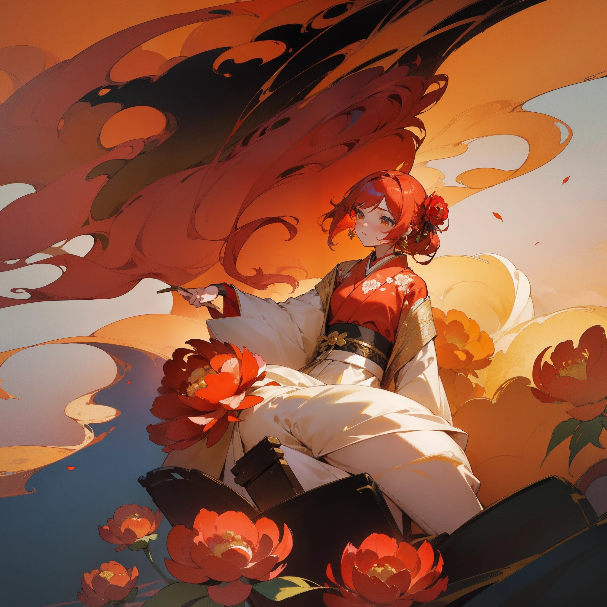 (Beautifully Aesthetic:1.2)、(1girl in:1.3)、(Red and gold colorful hair:1.2)、Red and gold kimono、Peonies、peony flower、wang、sacredness、Top image quality、Landscape painting、God of Flowers、