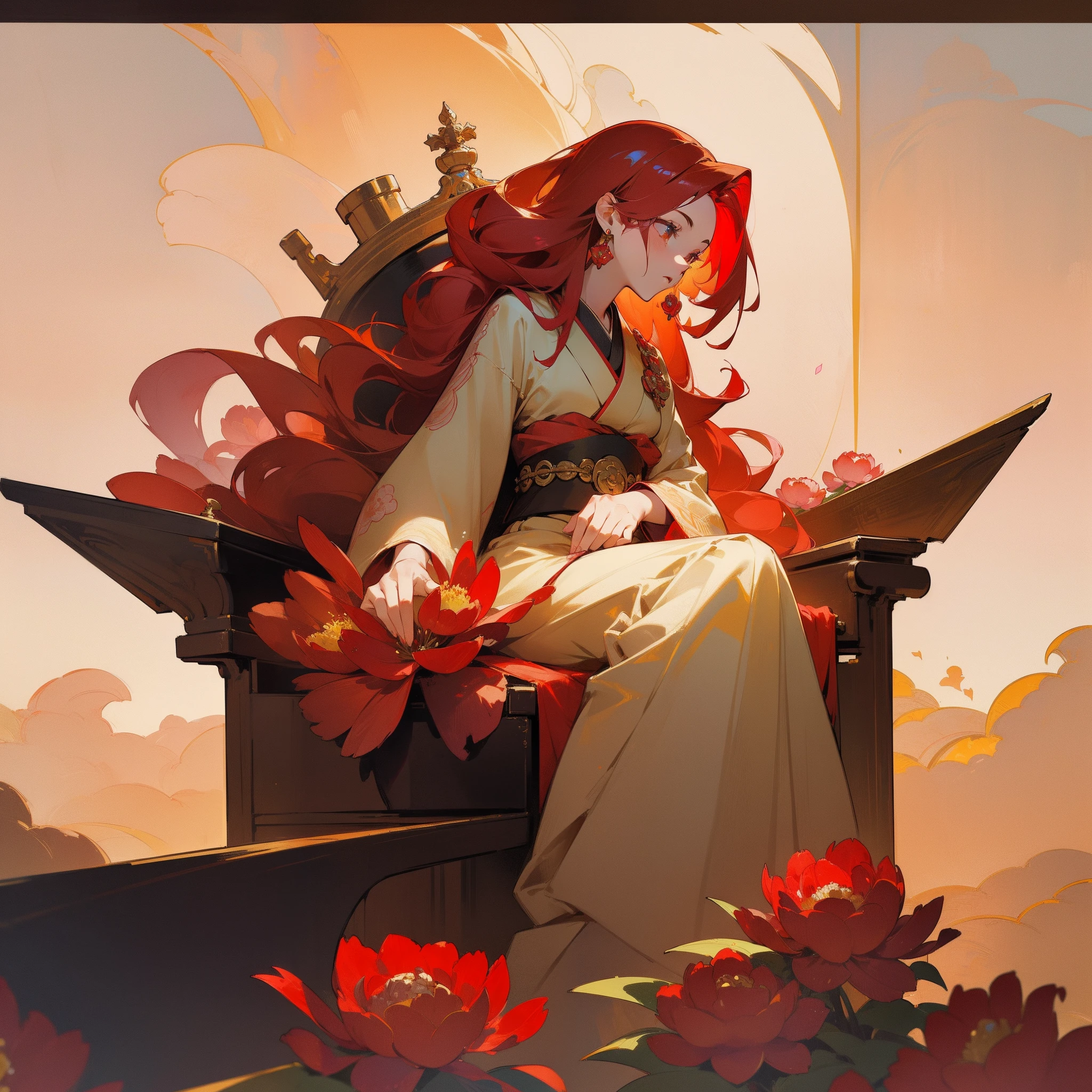 (Beautifully Aesthetic:1.2)、(1girl in:1.3)、(Red and gold colorful hair:1.2)、Red and gold kimono、Peonies、peony flower、sacredness、Top image quality、Landscape painting、God of Flowers、a throne、The king、