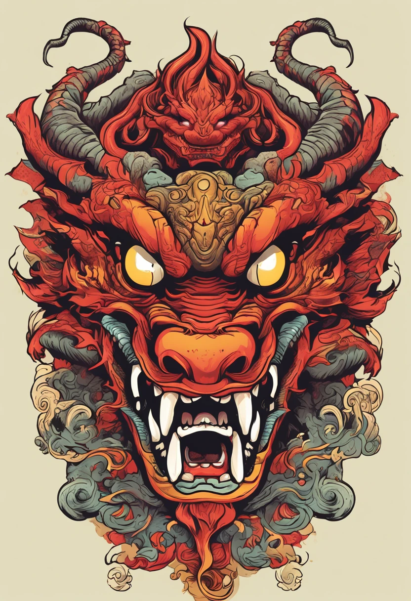 A cartoon dragon with a red ball in its mouth, psychedelic laughing demon, oni mask, Dragon face, asura from chinese myth, ancient china art style, demon samurai mask, yellow dragon head festival, detailed digital illustration, super detailed color art, Oriental face, colored illustration for tattoo, Japanese art style, Chinese Dragon, majestic japanese dragon, hyper detail illustration